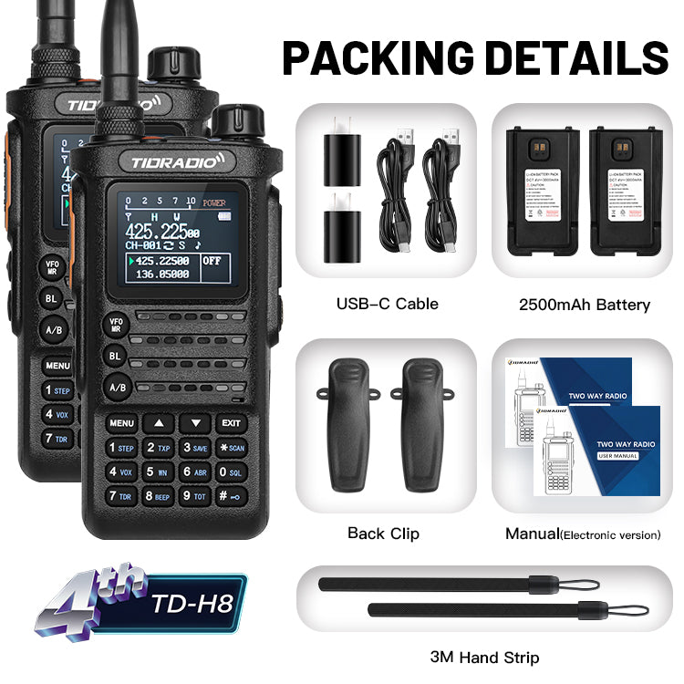 TIDRADIO 4th Gen TD-H8 Plus Ham GMRS Radio Handheld, Bluetooth-Headphone-connectable, AM, FM, UHF, VHF, NOAA, SMS