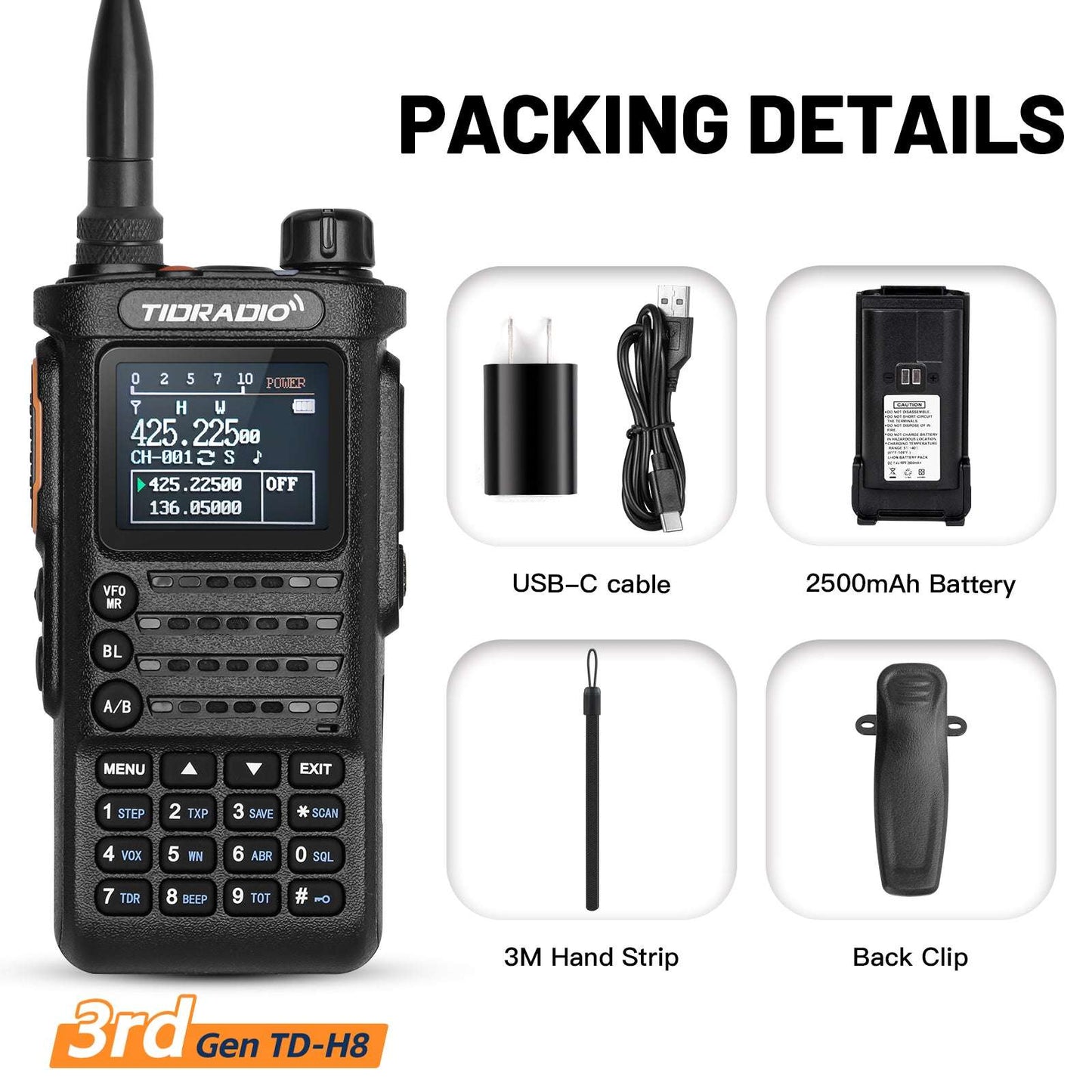TIDRADIO Gen 3rd TD H8 Ham GMRS Unlocked Radio Multi-Band Two Way Radio with AirBand & TD-771 Long Antenna, USB-C Charging,2500mAh Battery, One Key Frequency Match, DTMF FM AM NOAA VOX SCAN ,Walkie Talkies