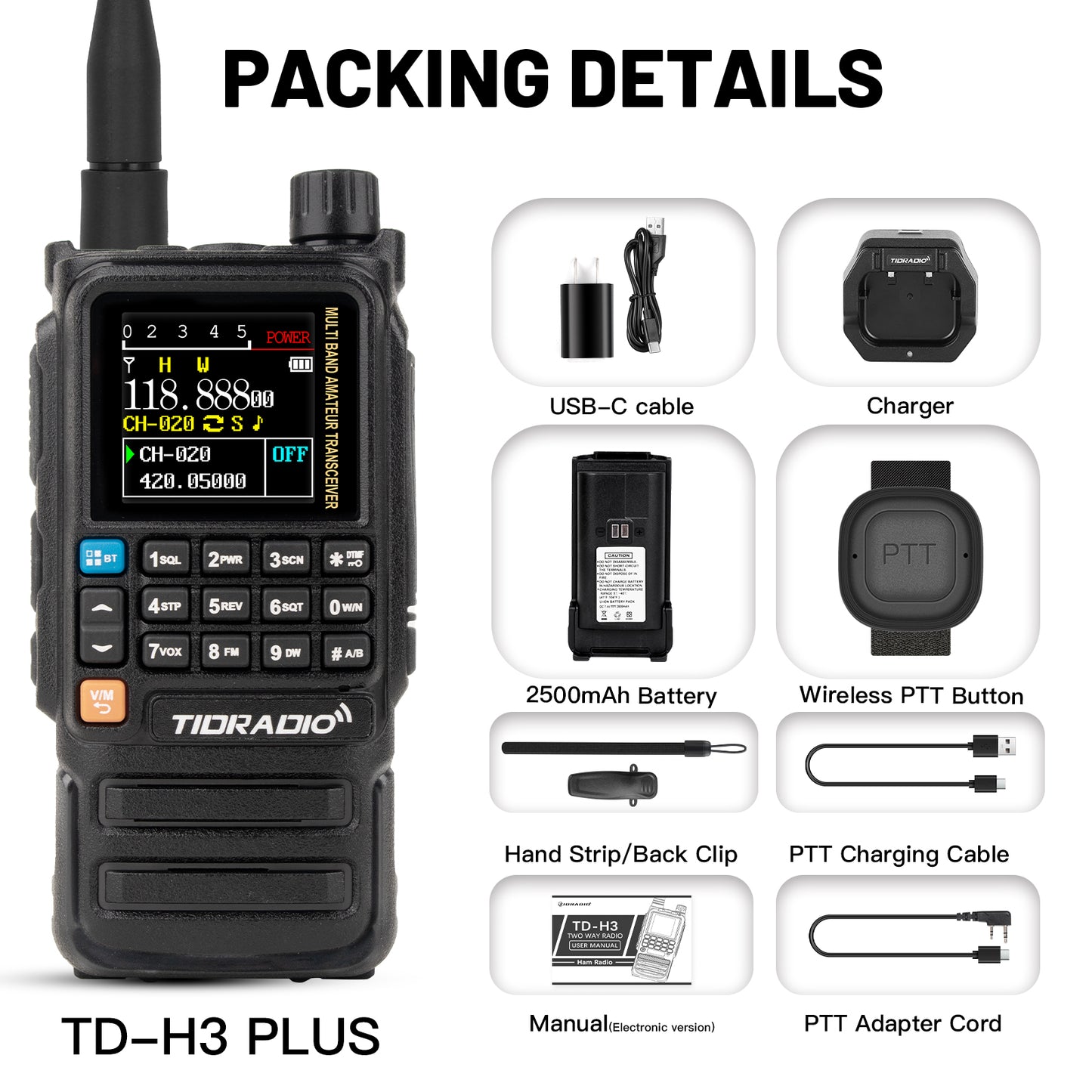 New Upgraded TIDRADIO H3 Plus Ham GMRS Unlocked Global Repeater Bluetooth Answerphone Air Band Long Range Wireless Programming AM airband Wireless Portable walkie-talkie with Upgradable firmware