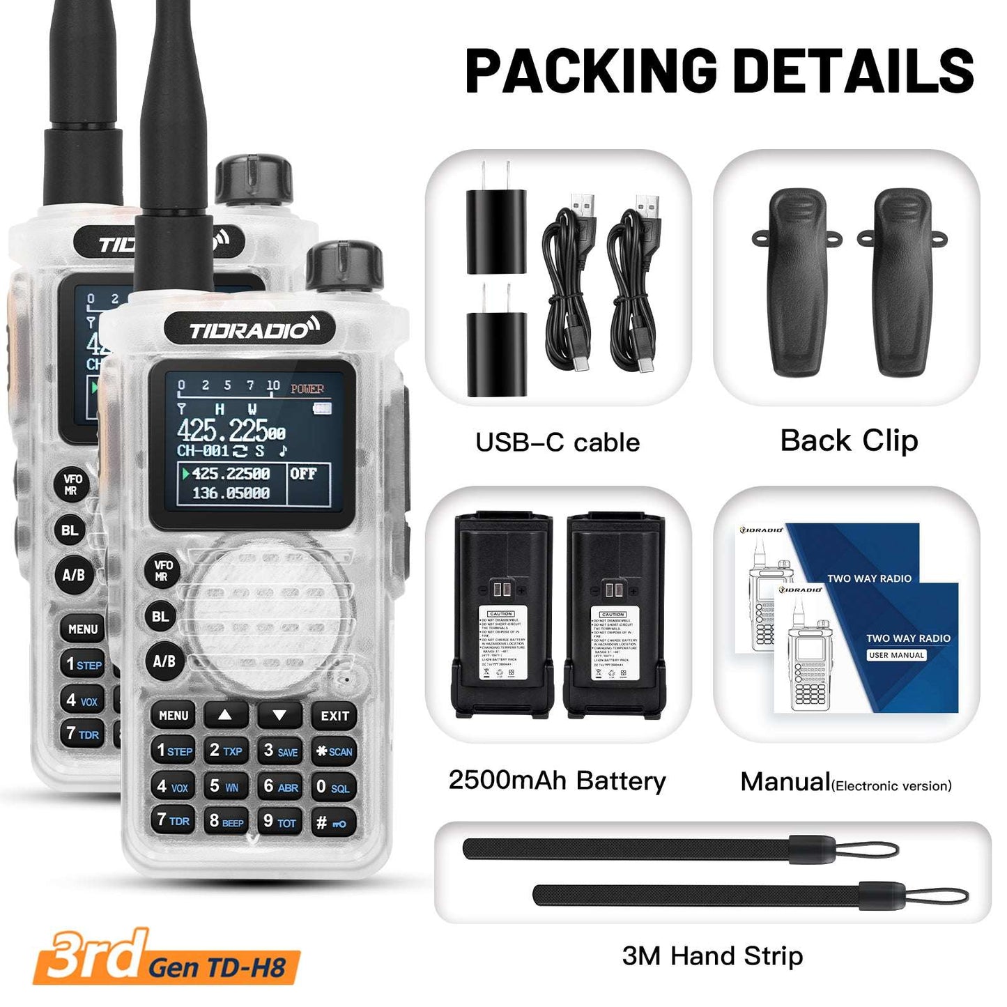 TIDRADIO Gen 3rd TD H8 Ham GMRS Unlocked Radio Multi-Band Two Way Radio with AirBand & USB-C Charging,2500mAh Battery, One Key Frequency Match, DTMF FM AM NOAA VOX SCAN ,Walkie Talkies