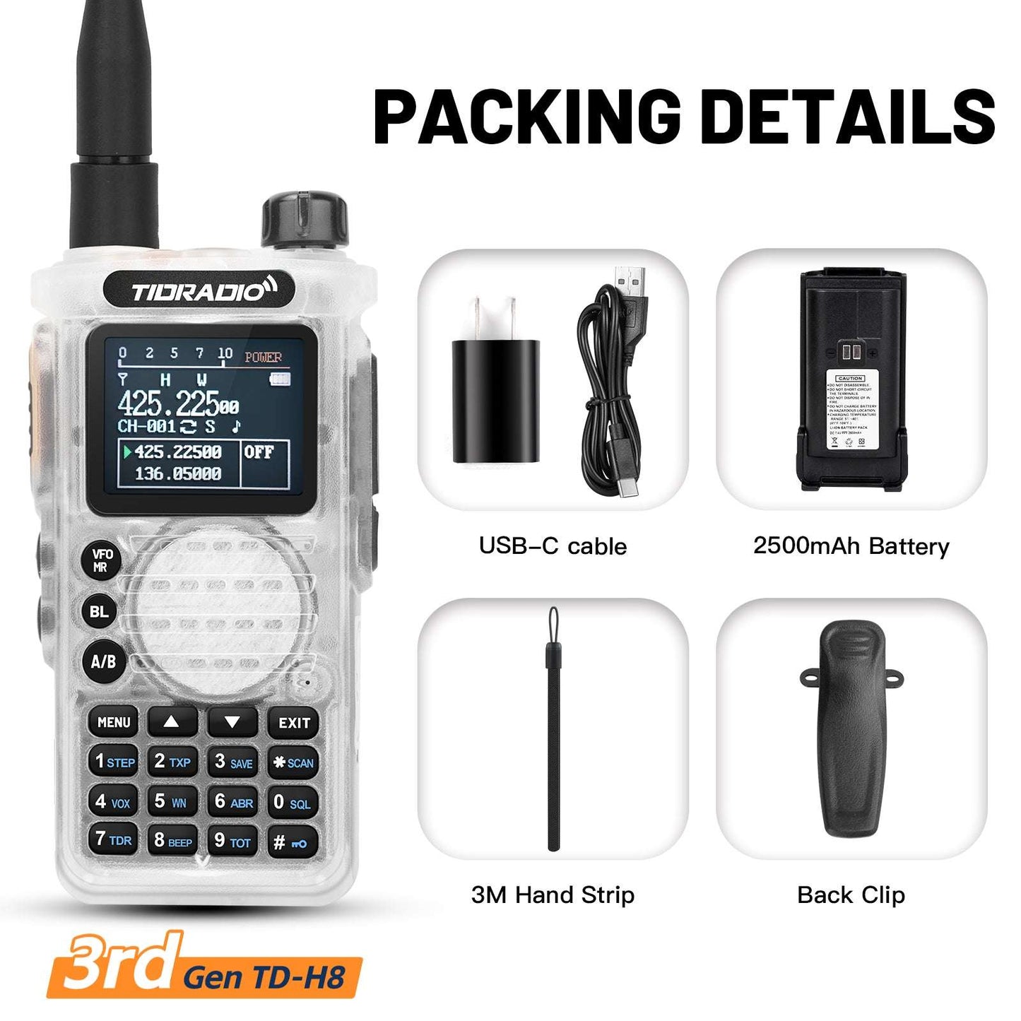 TIDRADIO Gen 3rd TD H8 Ham GMRS Unlocked Radio Multi-Band Two Way Radio with AirBand & TD-771 Long Antenna, USB-C Charging,2500mAh Battery, One Key Frequency Match, DTMF FM AM NOAA VOX SCAN ,Walkie Talkies