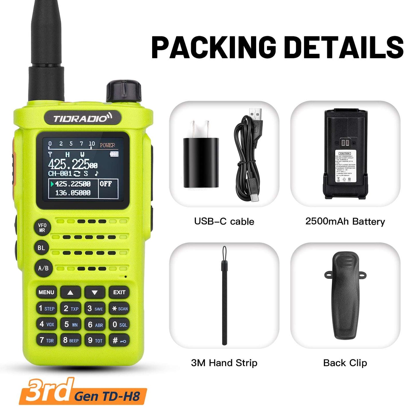 TIDRADIO Gen 3rd TD H8 Ham GMRS Unlocked Radio Multi-Band Two Way Radio with AirBand & TD-771 Long Antenna, USB-C Charging,2500mAh Battery, One Key Frequency Match, DTMF FM AM NOAA VOX SCAN ,Walkie Talkies