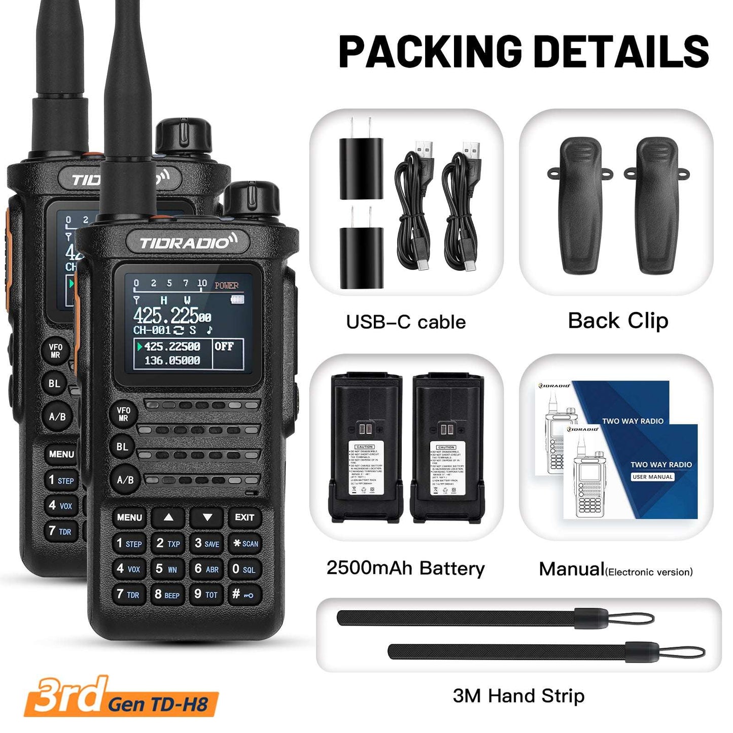 TIDRADIO Gen 3rd TD H8 Ham GMRS Unlocked Radio Multi-Band Two Way Radio with AirBand & USB-C Charging,2500mAh Battery, One Key Frequency Match, DTMF FM AM NOAA VOX SCAN ,Walkie Talkies