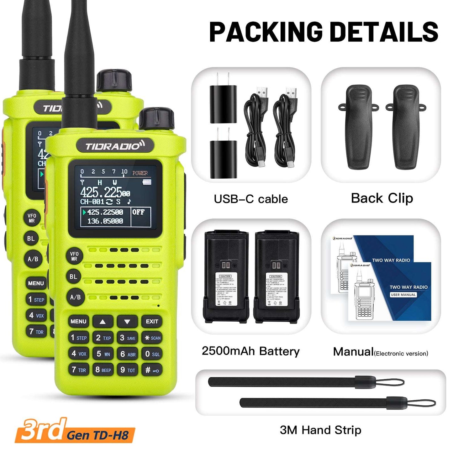 TIDRADIO Gen 3rd TD H8 Ham GMRS Unlocked Radio Multi-Band Two Way Radio with AirBand & USB-C Charging,2500mAh Battery, One Key Frequency Match, DTMF FM AM NOAA VOX SCAN ,Walkie Talkies