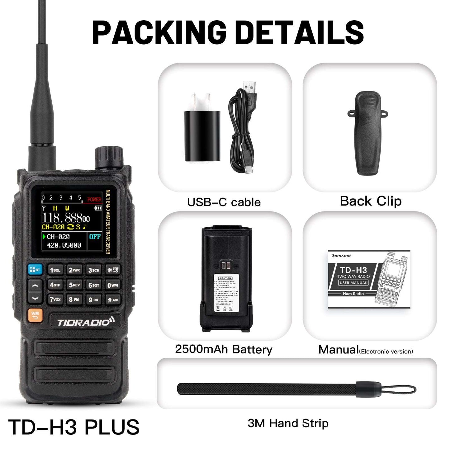 Upgraded TIDRADIO H3 Plus Ham GMRS Unlocked Global Repeater Bluetooth Answerphone Air Band Long Range Wireless Programming AM airband Wireless Portable Radio with Upgradable firmware