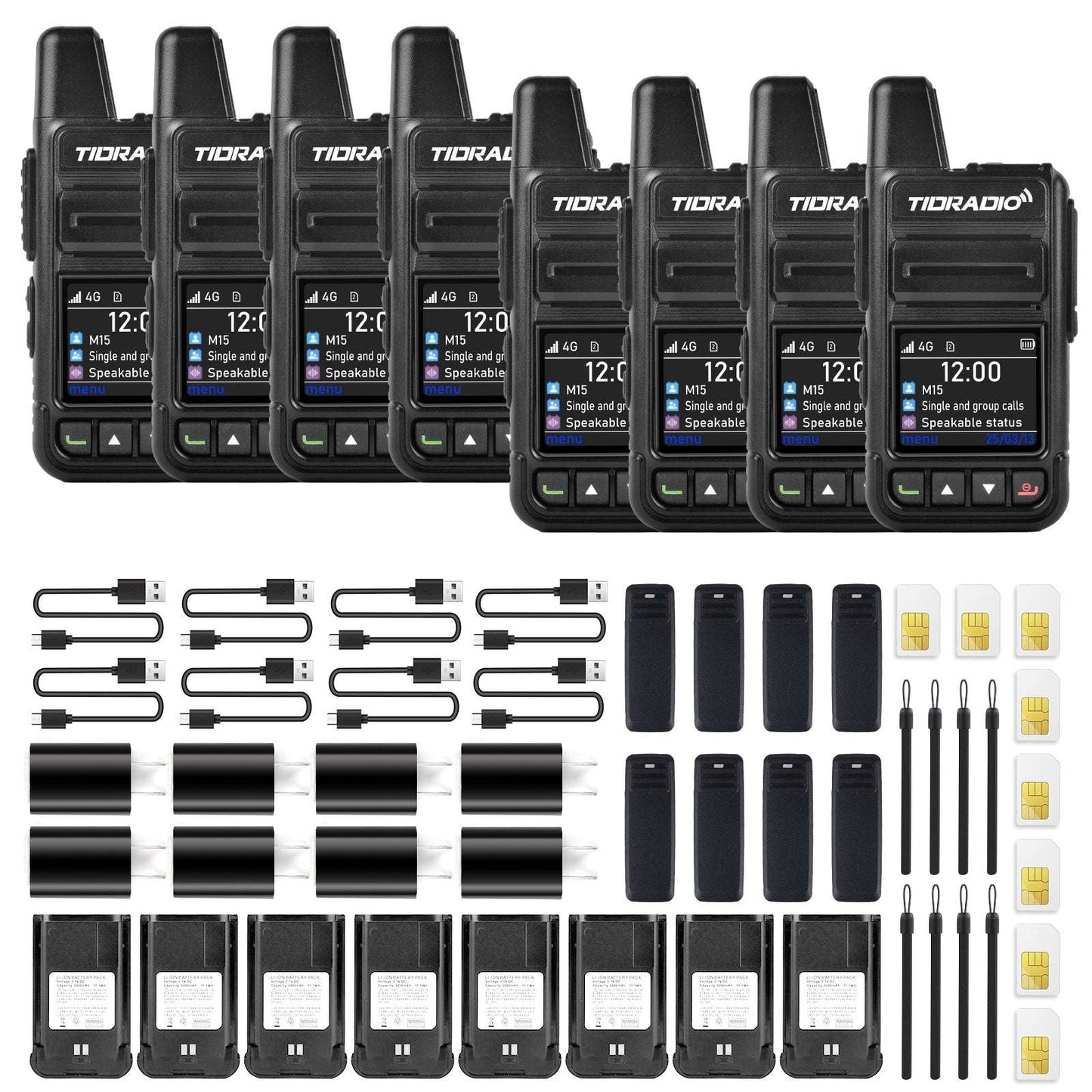 TIDRADIO M15 Global Walkie Talkies 4G POC with Sim Cards Long Distance 5000 Miles Rechargeable Nationwide Unlimited Range Two Way Radios USB-C Battery 8 Pack