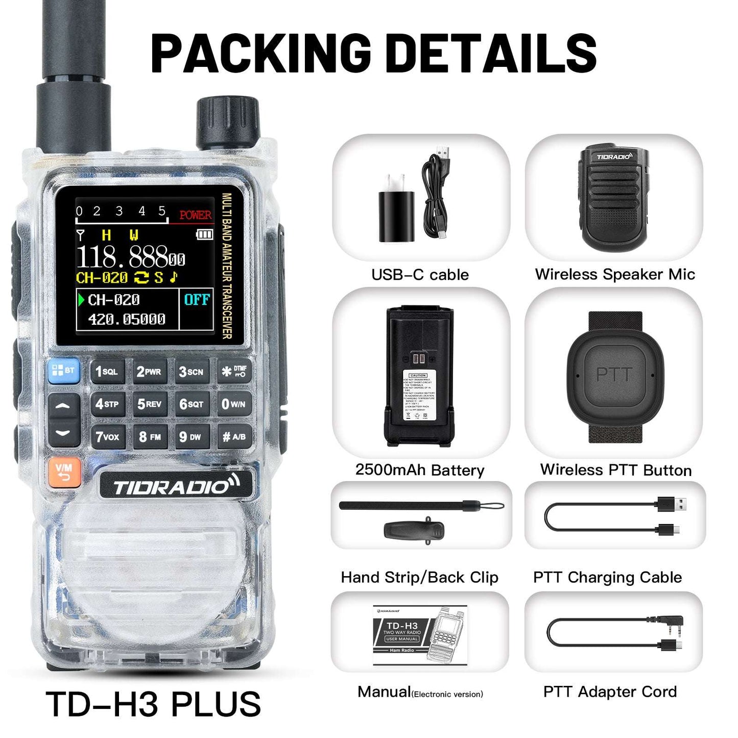 TIDRADIO TD-H3 Plus 5W High Power Ham GMRS Unlocked Receiver Global Repeater Bluetooth Air Band Long Range Wireless Programming AM FM airband Wireless Portable Radio with Upgradable firmware