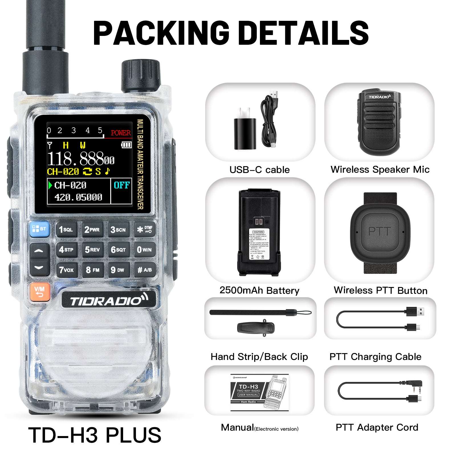 TIDRADIO TD-H3 Plus 5W High Power Ham GMRS Unlocked Receiver Global Repeater Bluetooth Air Band Long Range Wireless Programming AM FM airband  Wireless  Portable Radio with Upgradable firmware