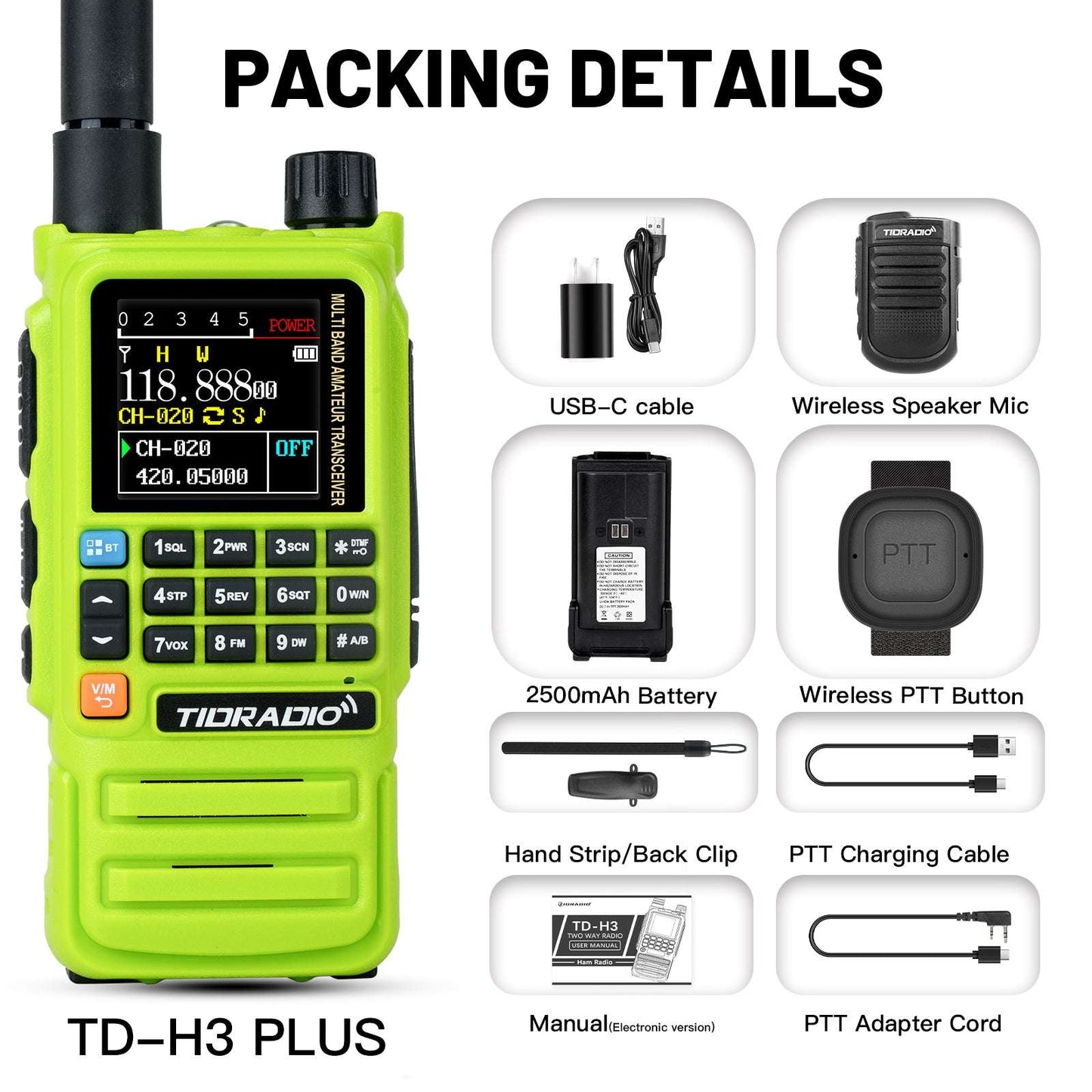 TIDRADIO TD-H3 Plus 5W High Power Ham GMRS Unlocked Receiver Global Repeater Bluetooth Air Band Long Range Wireless Programming AM FM airband Wireless Portable Radio with Upgradable firmware