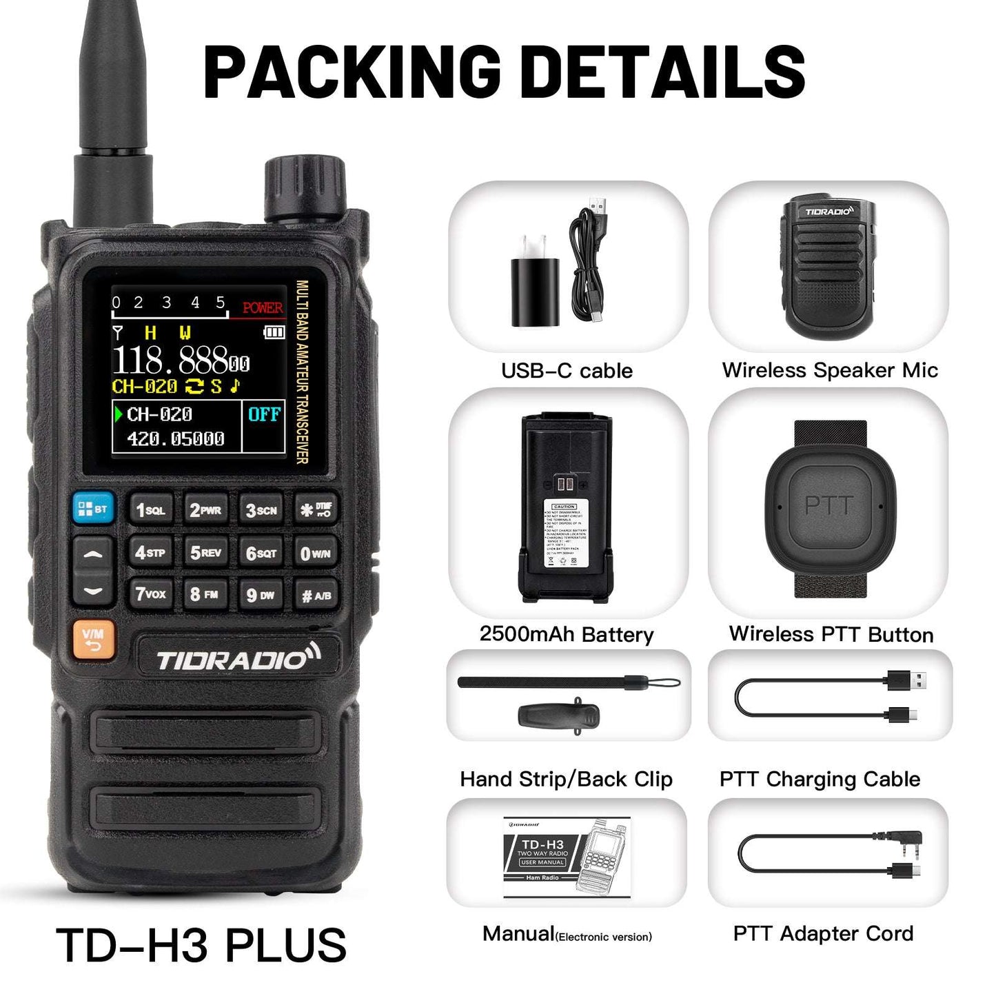 TIDRADIO TD-H3 Plus 5W High Power Ham GMRS Unlocked Receiver Global Repeater Bluetooth Air Band Long Range Wireless Programming AM FM airband Wireless Portable Radio with Upgradable firmware