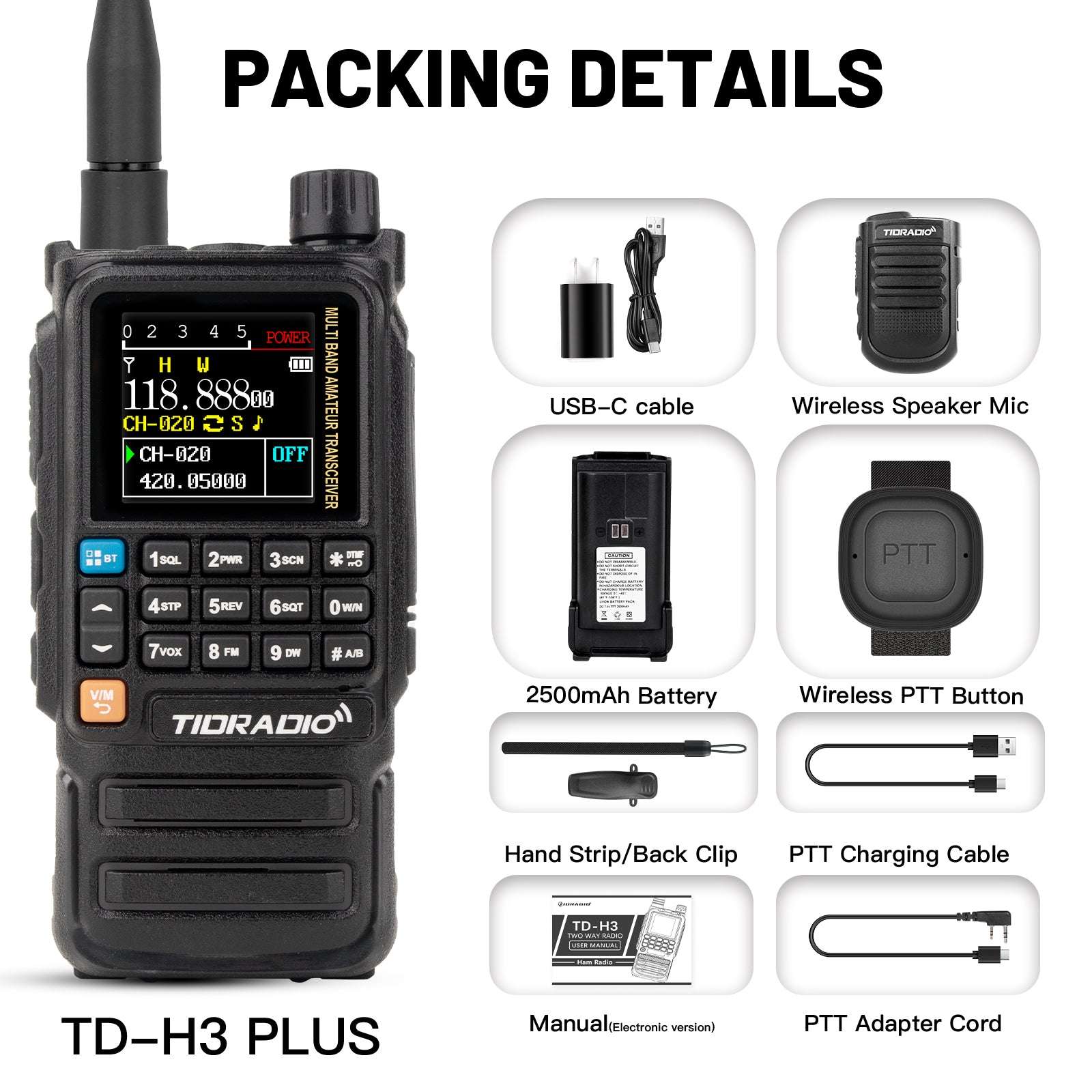TIDRADIO TD-H3 Plus 5W High Power Ham GMRS Unlocked Receiver Global Repeater Bluetooth Air Band Long Range Wireless Programming AM FM airband  Wireless  Portable Radio with Upgradable firmware