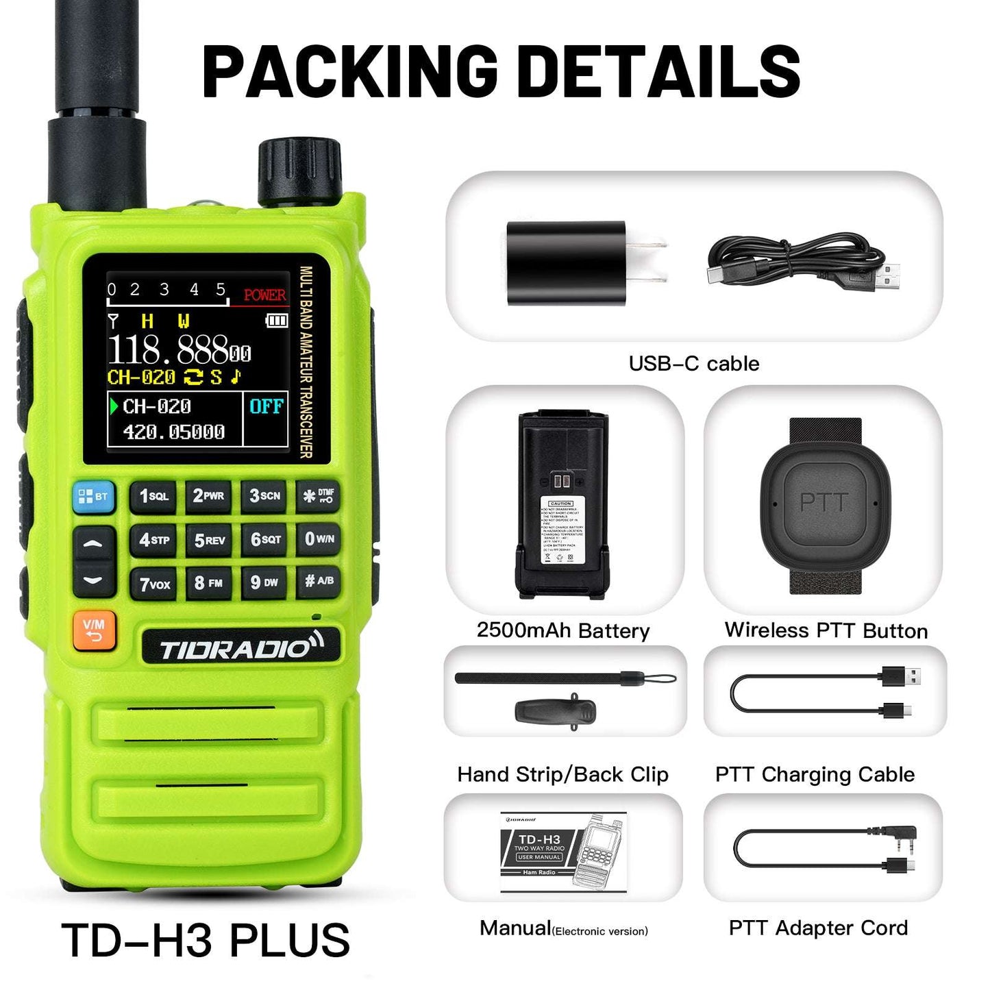 TIDRADIO TD-H3 Plus 5W High Power Ham GMRS Unlocked walkie-talkie Receiver Global Repeater Bluetooth Air Band Long Range Wireless Programming AM FM airband Wireless Portable Radio with Upgradable firmware
