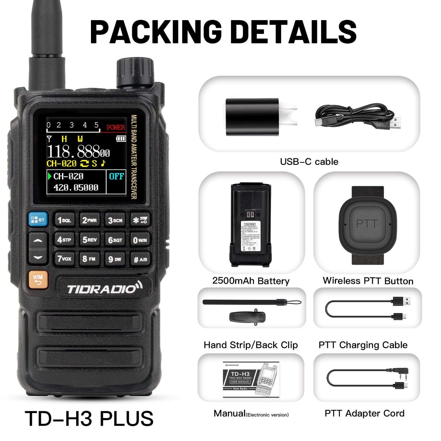 TIDRADIO TD-H3 Plus 5W High Power Ham GMRS Unlocked walkie-talkie Receiver Global Repeater Bluetooth Air Band Long Range Wireless Programming AM FM airband Wireless Portable Radio with Upgradable firmware
