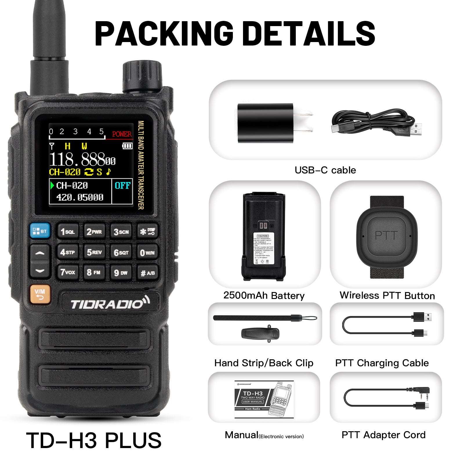 TIDRADIO TD-H3 Plus 5W High Power Ham GMRS Unlocked walkie-talkie Receiver Global Repeater Bluetooth Air Band Long Range Wireless Programming AM FM airband  Wireless  Portable Radio with Upgradable firmware