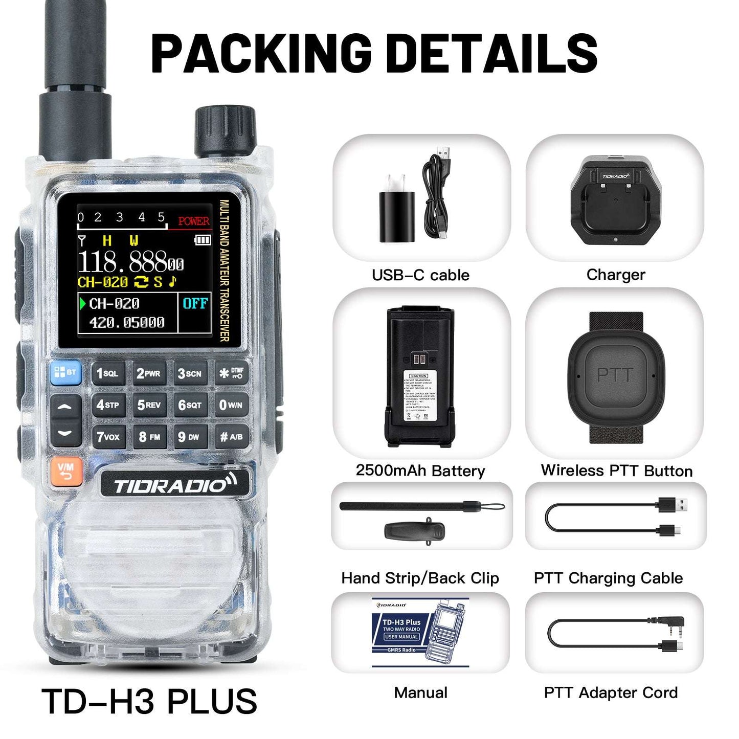 New Upgraded TIDRADIO H3 Plus Ham GMRS Unlocked Global Repeater Bluetooth Answerphone Air Band Long Range BluetoothProgramming AM airband Wireless Portable Radio with Upgradable firmware