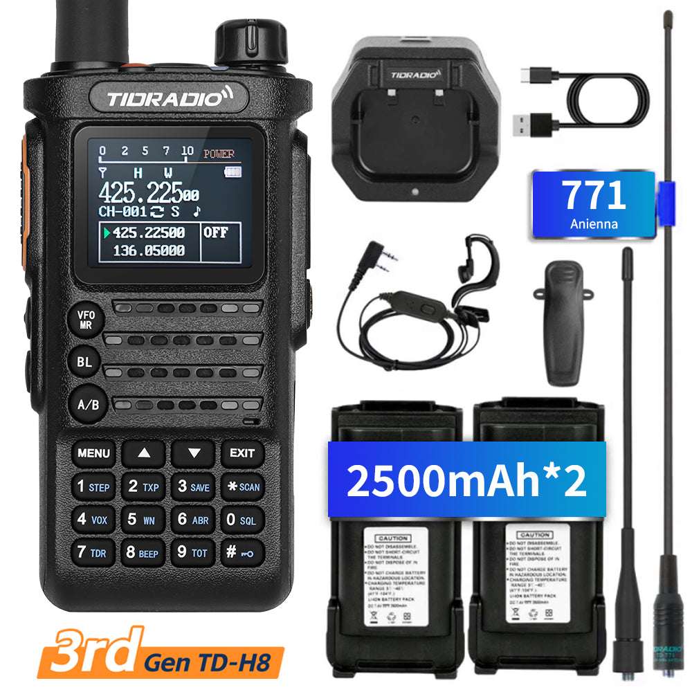 TIDRADIO TD-H8 Gen 3 Multi-Band Two-Way Radio – Unlocked Ham & GMRS, AirBand + TD-771 Long Antenna, USB-C Fast Charge, 2500 mAh Spare Battery, One-Key Frequency Match, DTMF/FM-AM, NOAA/VOX/SCAN Walkie-Talkie