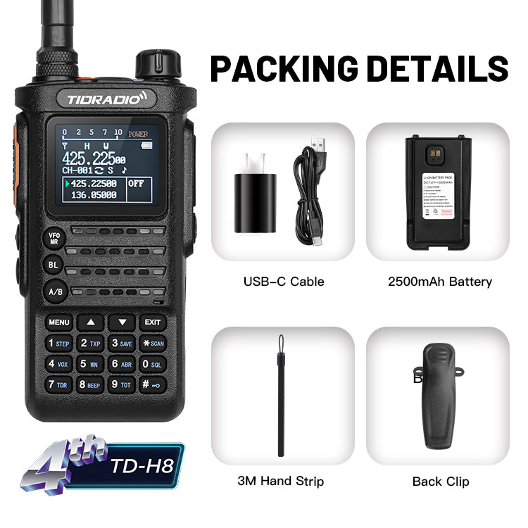 TIDRADIO 4th Gen TD-H8 Plus Ham GMRS Radio Handheld, Bluetooth-Headphone-connectable, AM, FM, UHF, VHF, NOAA, SMS