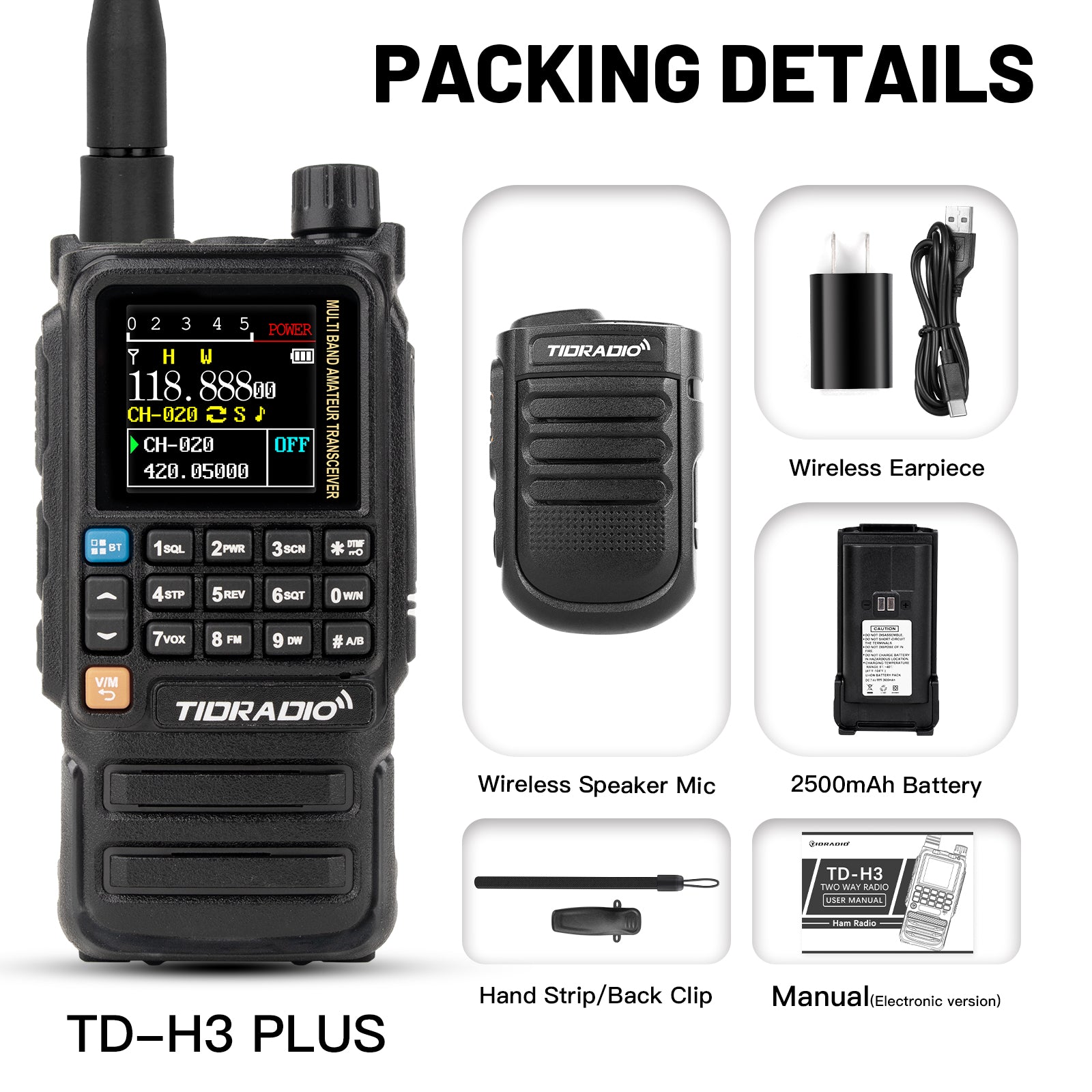 TIDRADIO 5W TD-H3 Plus Ham GMRS Unlocked Global Repeater Bluetooth Air Band Long Range SMS Multi-Language Spectrum   Portable Radio with Upgradable firmware
