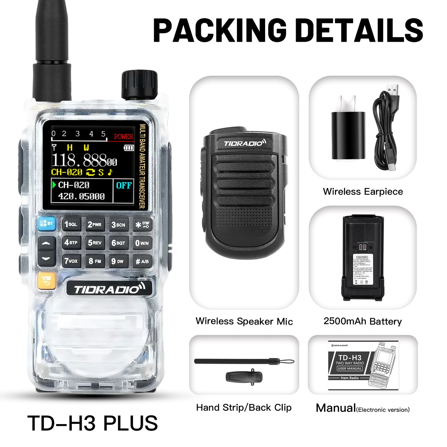TIDRADIO 5W TD-H3 Plus Ham GMRS Unlocked Global Repeater Bluetooth Air Band Long Range SMS Multi-Language Spectrum Portable Radio with Upgradable firmware