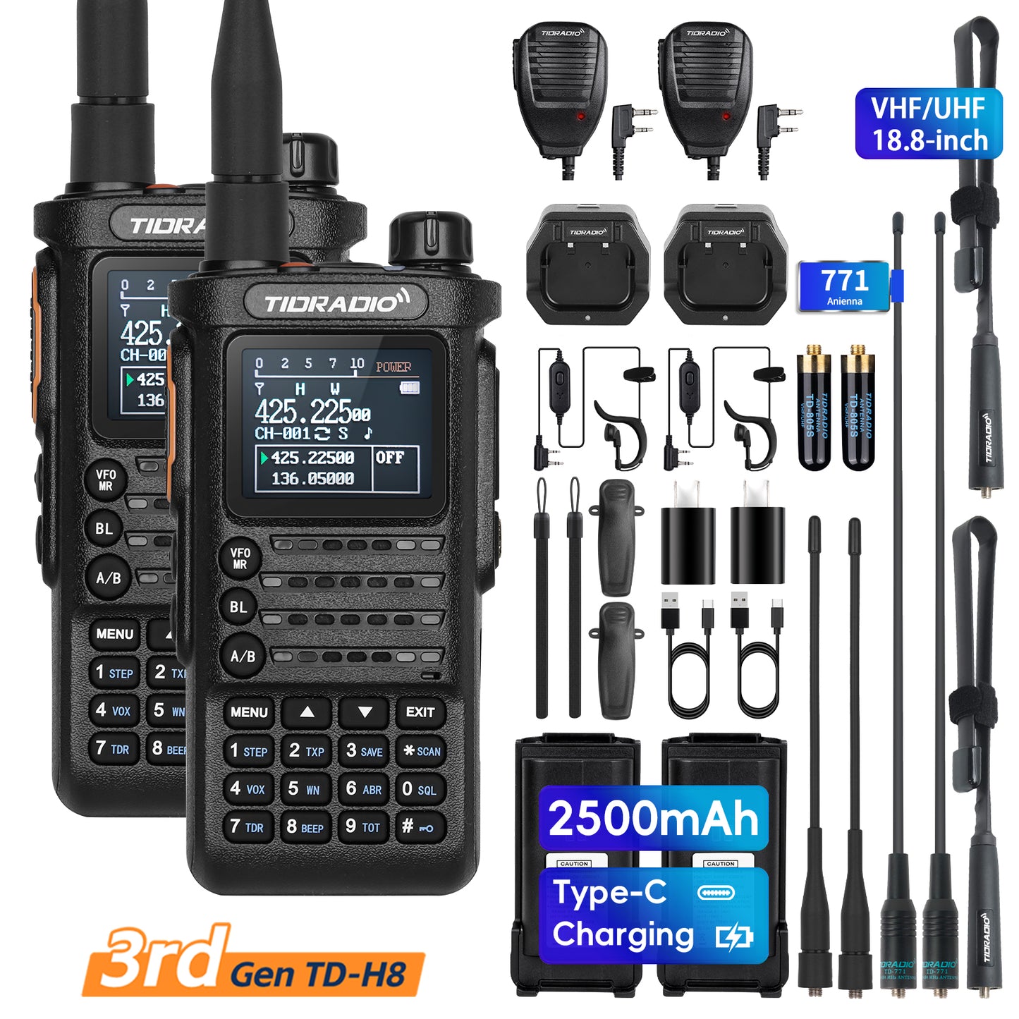 TIDRADIO Gen 3rd TD H8 Ham GMRS Unlocked Radio Multi-Band Two Way Radio with AirBand & TD-771 Long Antenna, USB-C Charging,2500mAh Battery, One Key Frequency Match, DTMF FM AM NOAA VOX SCAN ,Walkie Talkies