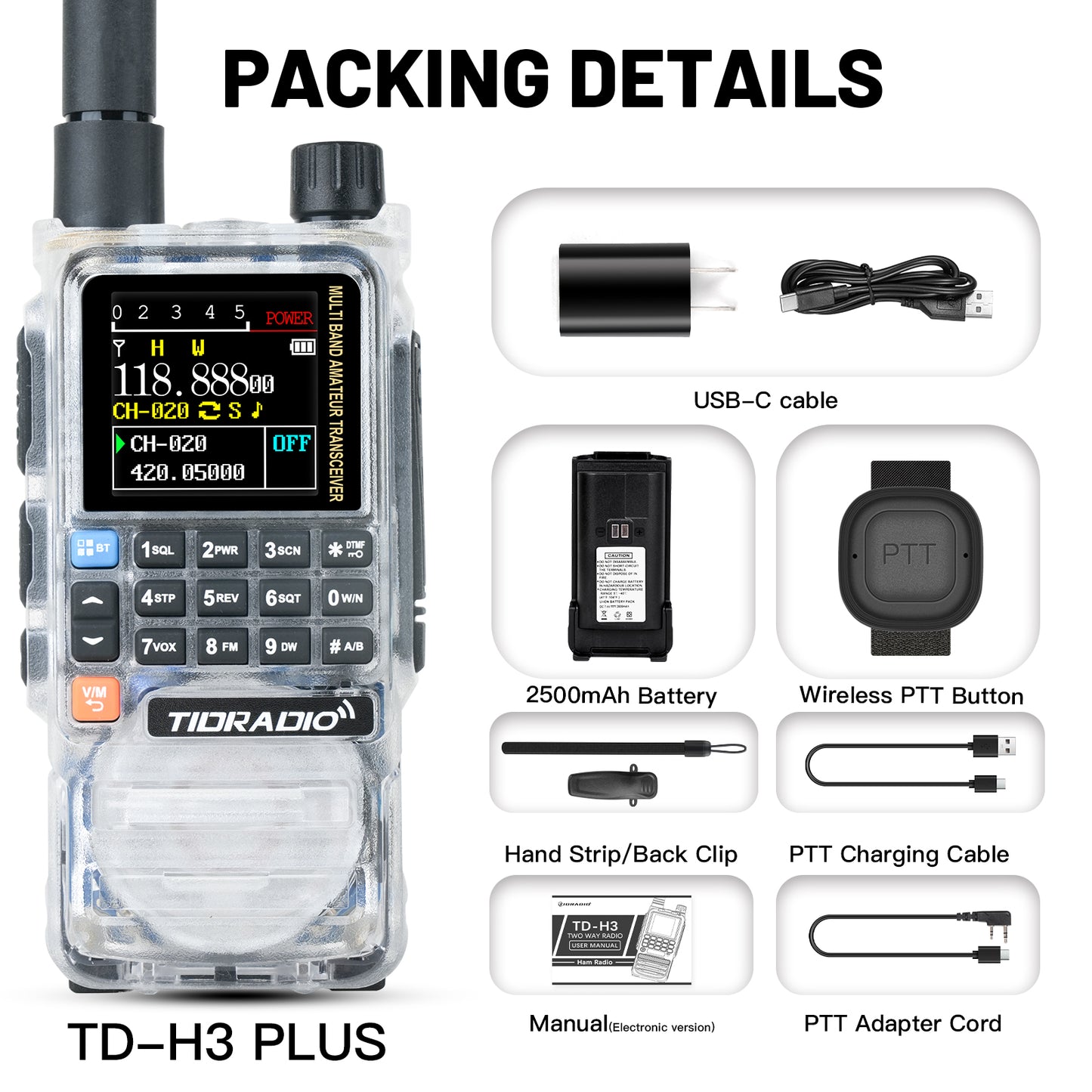 TIDRADIO TD-H3 Plus 5W High Power Ham GMRS Unlocked walkie-talkie Receiver Global Repeater Bluetooth Air Band Long Range Wireless Programming AM FM airband Wireless Radio with Upgradable firmware