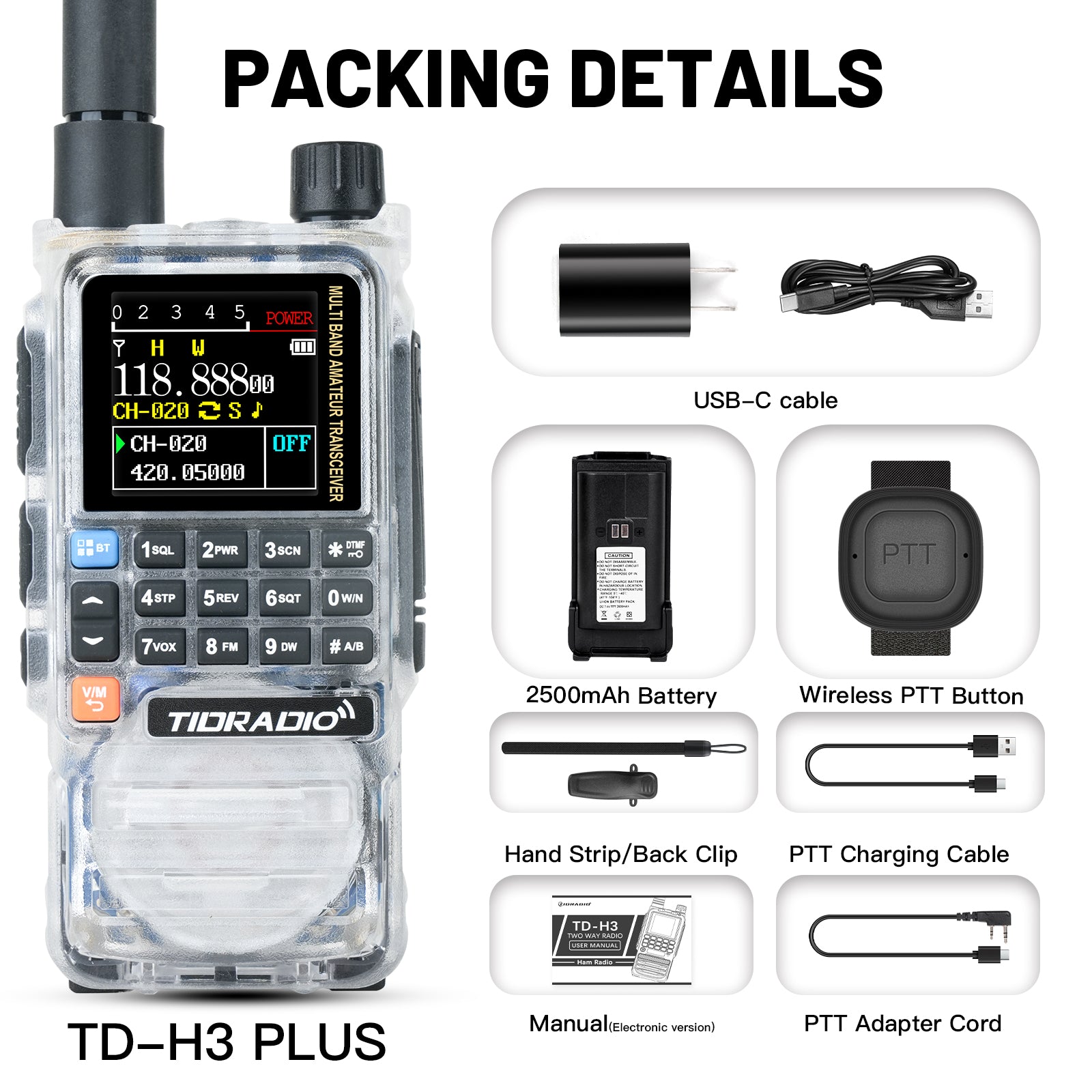 TIDRADIO TD-H3 Plus 5W High Power Ham GMRS Unlocked walkie-talkie Receiver Global Repeater Bluetooth Air Band Long Range Wireless Programming AM FM airband  Wireless  Radio with Upgradable firmware