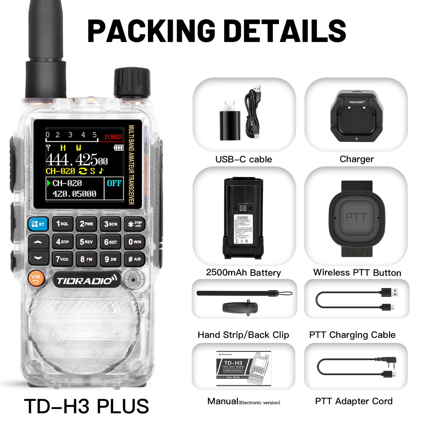 New Upgraded TIDRADIO H3 Plus Ham GMRS Unlocked Global Repeater Bluetooth Answerphone Air Band Long Range Wireless Programming AM airband Wireless Portable Radio with Upgradable firmware 2 Pacls 4 Packs