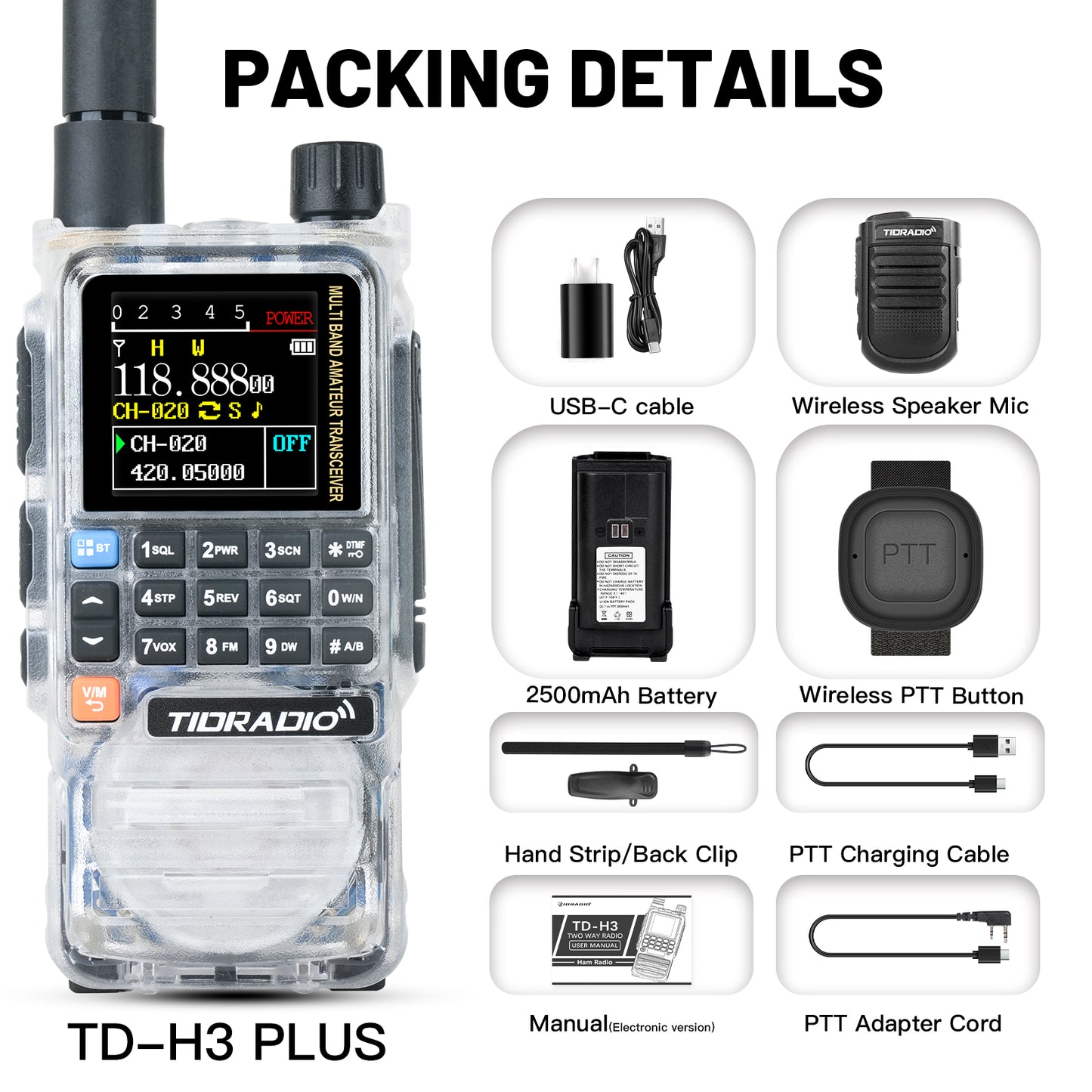 TIDRADIO TD-H3 Plus 5W High Power Ham GMRS Unlocked Receiver Global Repeater Bluetooth Air Band Long Range Wireless Programming AM FM airband Wireless Portable Radio with Upgradable firmware