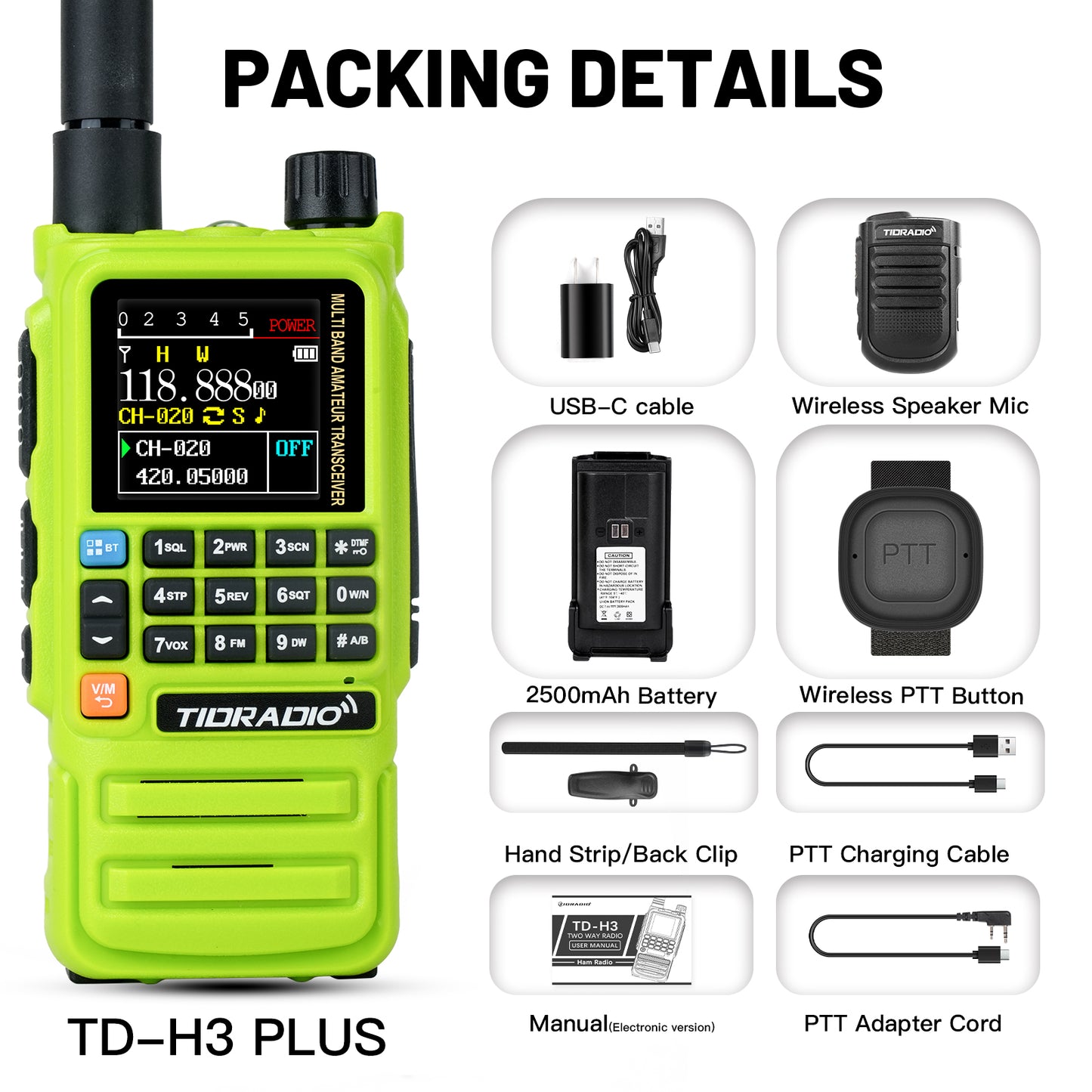 TIDRADIO TD-H3 Plus 5W High Power Ham GMRS Unlocked Receiver Global Repeater Bluetooth Air Band Long Range Wireless Programming AM FM airband Wireless Portable Radio with Upgradable firmware