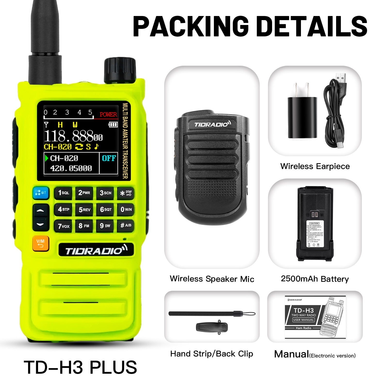 TIDRADIO 5W TD-H3 Plus Ham GMRS Unlocked Global Repeater Bluetooth Air Band Long Range SMS Multi-Language Spectrum   Portable Radio with Upgradable firmware