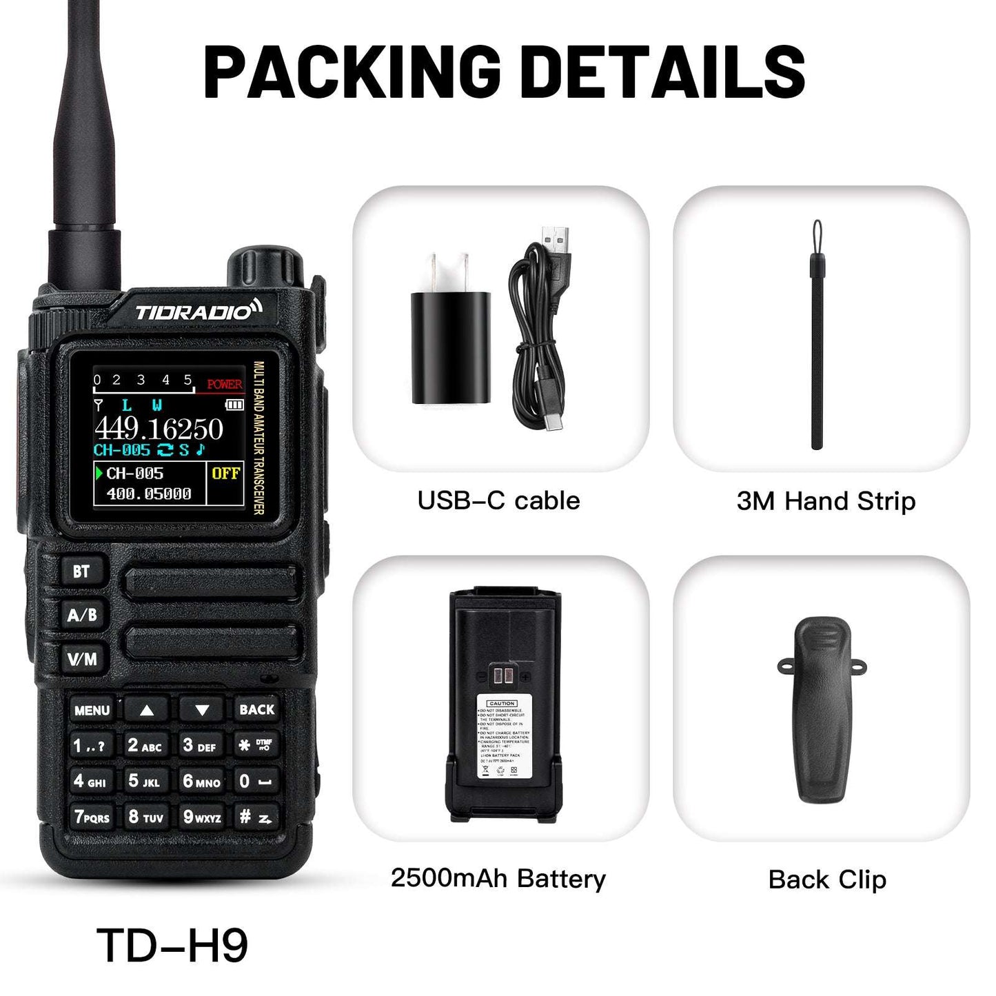 TIDRADIO TD-H9 10W Ham & GMRS Handheld Radio — Unlocked, APRS & GPS Tracker, Spectrum Analyzer, 128MB Large Memory, SMS Texting, Customizable Screen, Global Repeater Compatible, Bluetooth, AM Airband, Programmable, Long-Range, Upgradable Firmware