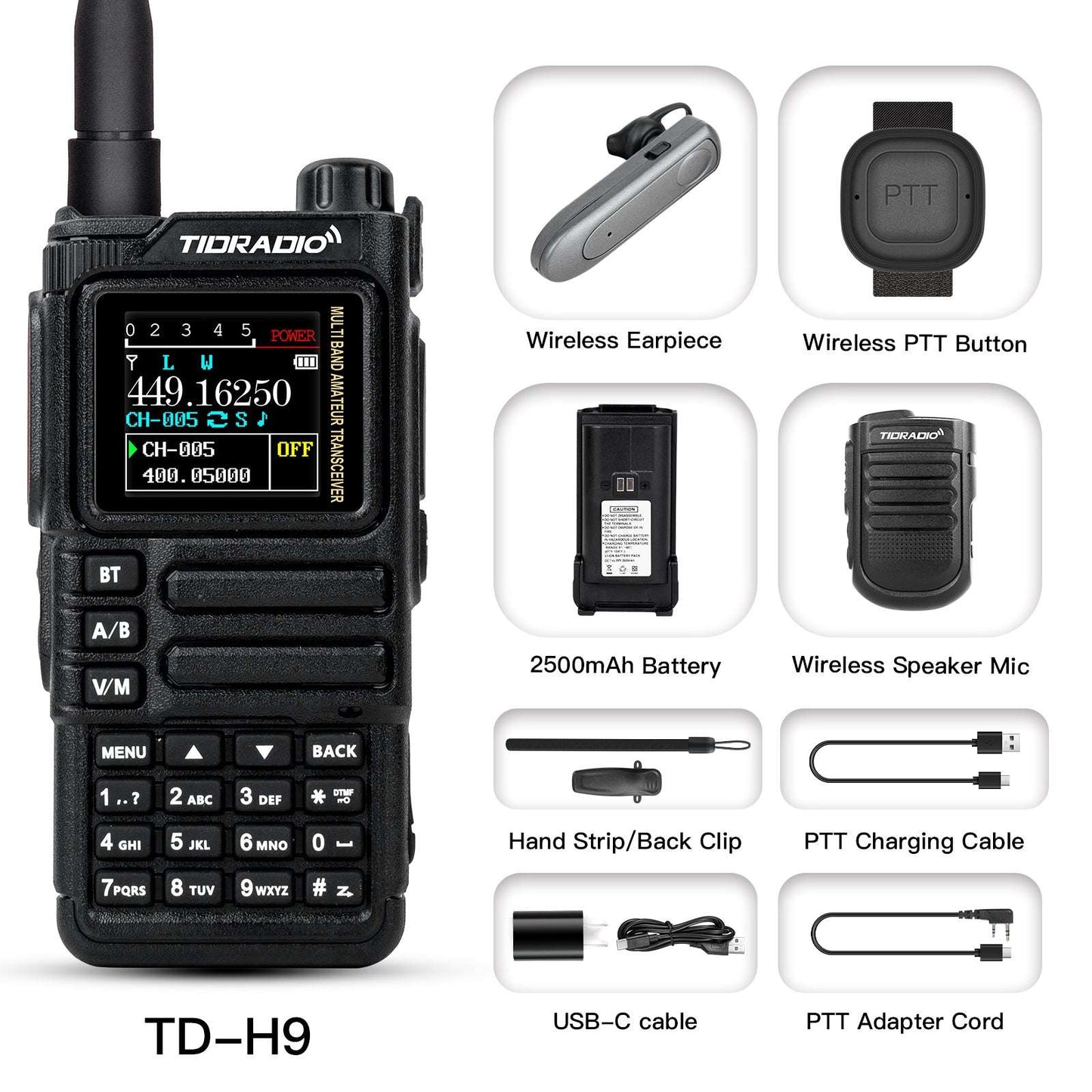 TIDRADIO TD-H9 10W Ham & GMRS Handheld Radio — Unlocked, APRS & GPS Tracker, Spectrum Analyzer, 128MB Large Memory, SMS Texting, Customizable Screen, Global Repeater Compatible, Bluetooth, AM Airband, Programmable, Long-Range, Upgradable Firmware