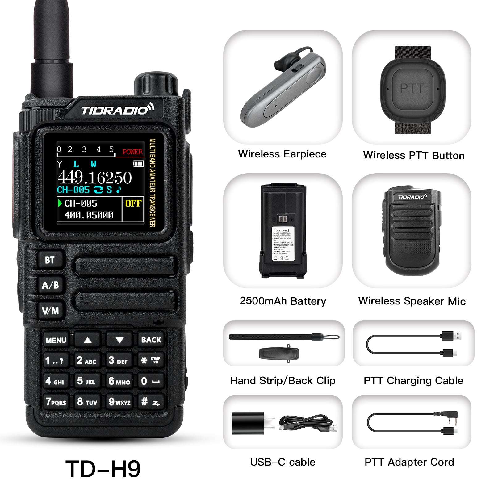 TIDRADIO TD-H9 10W Ham & GMRS Handheld Radio — Unlocked, APRS & GPS Tracker, Spectrum Analyzer, 128MB Large Memory, SMS Texting, Customizable Screen, Global Repeater Compatible, Bluetooth, AM Airband, Programmable, Long-Range, Upgradable Firmware