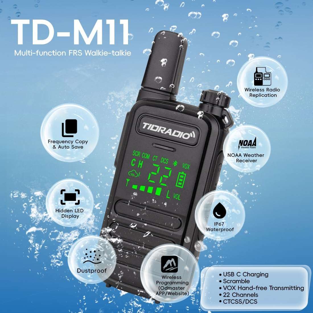 Walkie Talkies for Adults IP67 Waterproof, TIDRADIO TD-M11 Two-way Radios, Wireless Programming, Frequency Copy, 22 FRS Channels, NOAA,, USB C Charging Long Range Rapid Radio Survival Gear