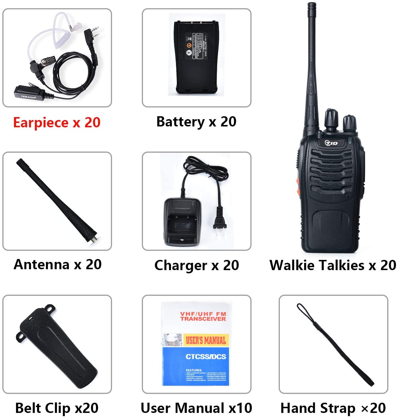 Tidradio TD-V2 (20 Packs) 2 Way Radios Walkie Talkies Long Range Hand Free with Flashilght Rechargeable for Business or Family