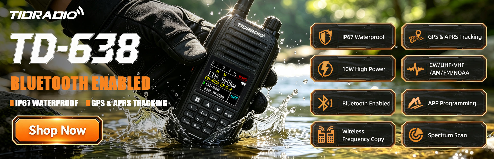 TIDRADIO TD-638 10W IP67 Waterproof Long Range Ham Radio GPS APRS Bluetooth APP Programming UHF VHF GMRS Walkie Talkie
