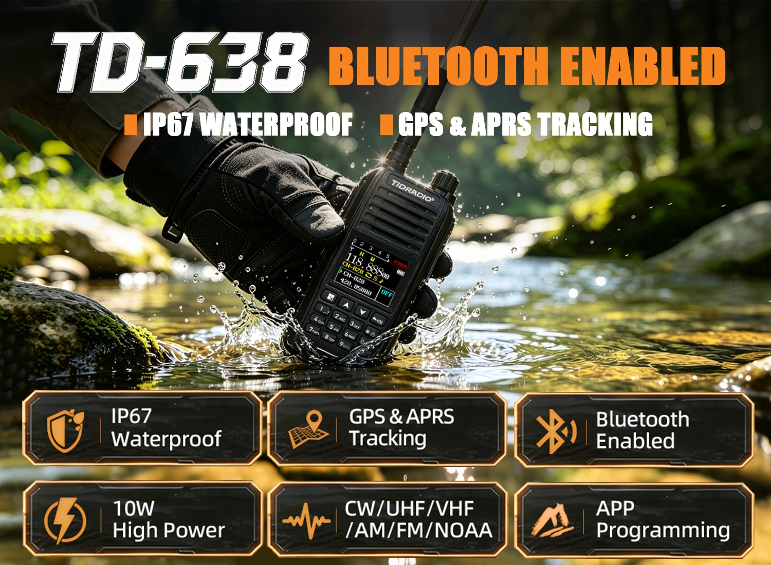 TIDRADIO TD-638 10W IP67 Waterproof Long Range Ham Radio GPS APRS Bluetooth APP Programming UHF VHF GMRS Walkie Talkie