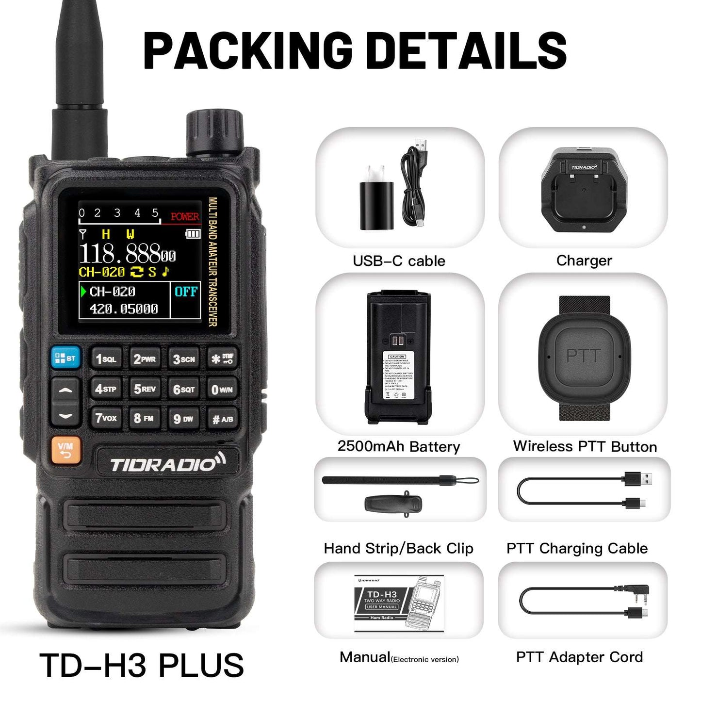 New Upgraded TIDRADIO H3 Plus Ham GMRS Unlocked Global Repeater Bluetooth Answerphone Air Band Long Range Wireless Programming AM airband  Wireless  Portable walkie-talkie with Upgradable firmware