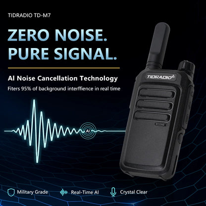 TD M7 AI Noise Canceling Bluetooth Walkie Talkie FRS PMR446 Long Range Two Way Radio with VOX Rugged Drop Resistant Design Loud Audio for Construction Warehouse School Security