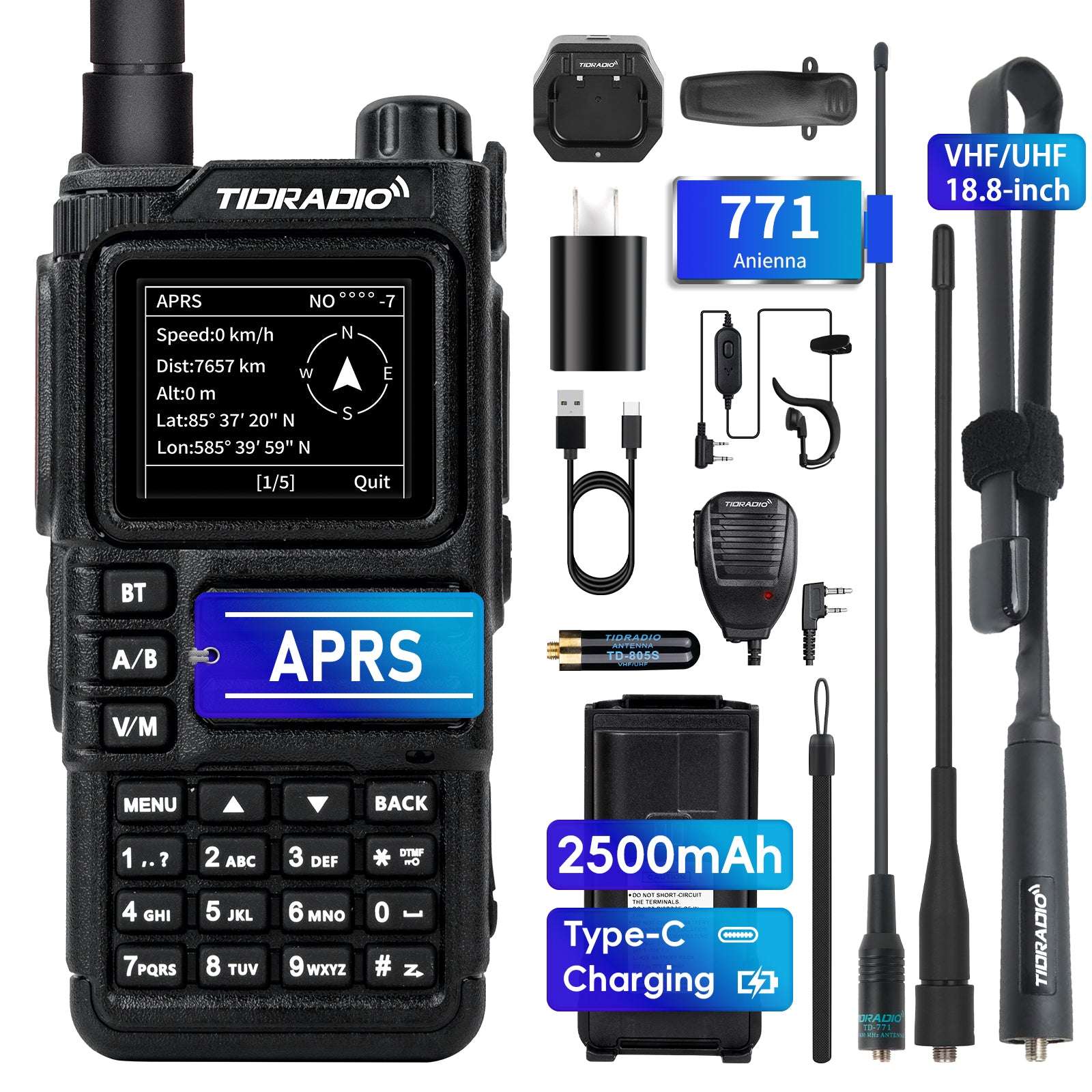 TIDRADIO TD-H9 10W UHF VHF APRS & GPS Tracker, Spectrum Analyzer, 128MB Large Memory, SMS Texting, Customizable Screen, Global Repeater Compatible, Bluetooth, AM Airband, Programmable, Long-Range, Upgradable Firmware