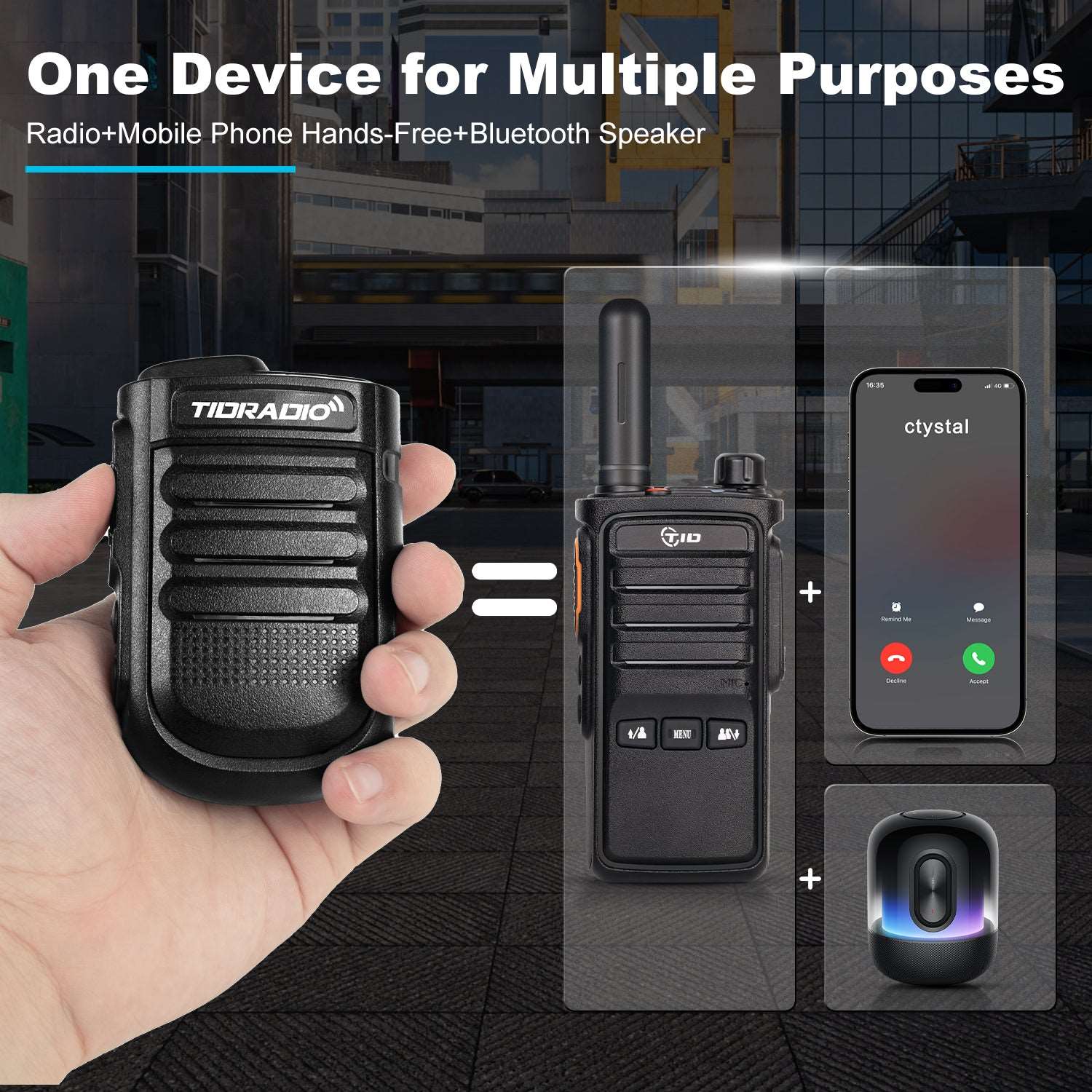 TIDRADIO Bluetooth Hands-Free Car Speakerphone & PoC Radio Mic for Mobile Phone & H3-PLUS – In-Car & Outdoor Wireless PTT Microphone Kit with Noise-Cancelling, Windscreen & Helmet Mount, Rugged Bluetooth Speaker Mic, Multi-Device Connectivity, and Cycling Handsfree