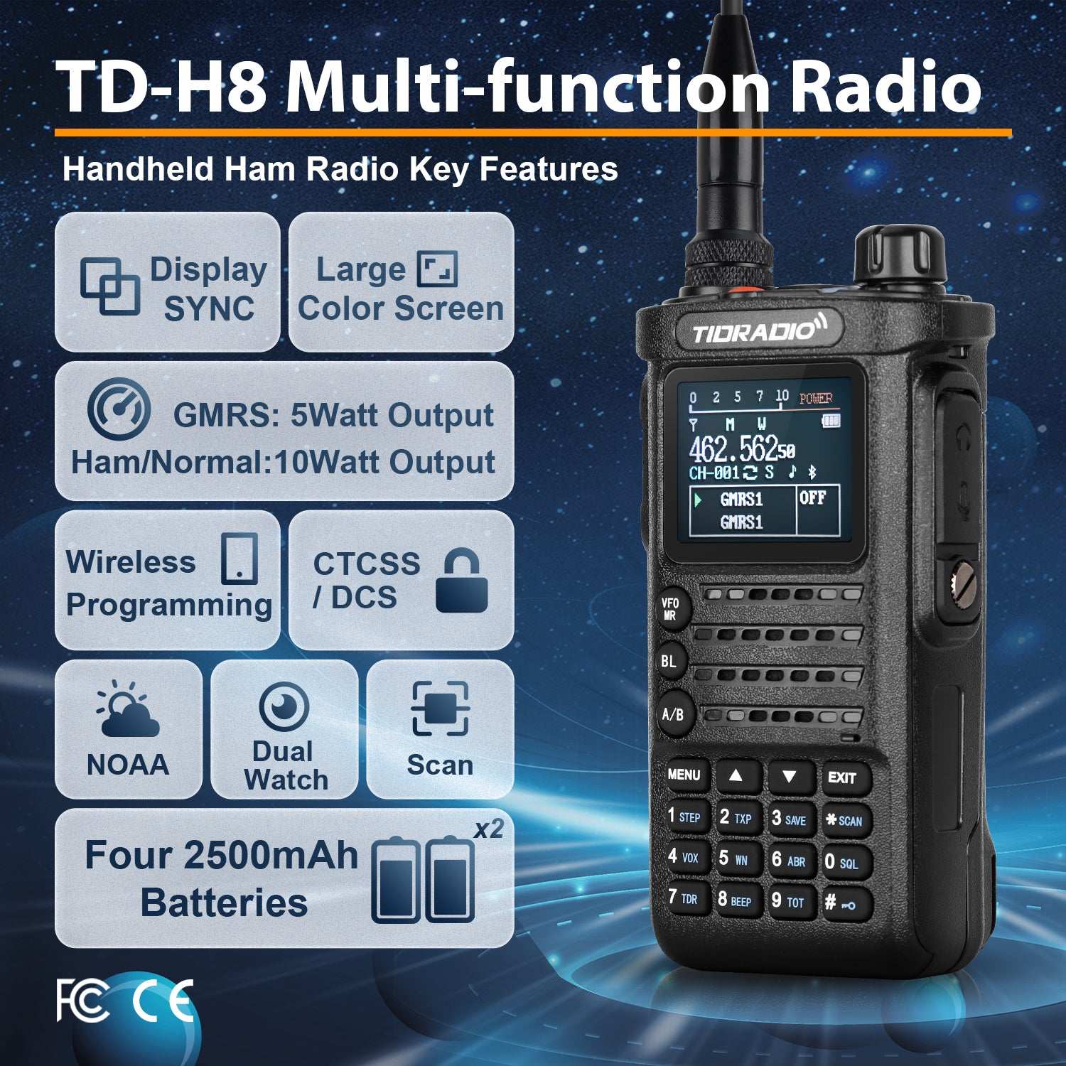 TIDRADIO Gen2 TD-H8 10W Unlocked GMRS Ham 2 WAY Radio Handheld, APP Wireless Programming, NOAA Weather Long Range Walkie Talkies 2500mAh Battery, Portable Two-Way Radios with Programming Cable& Speaker Mic-2pack