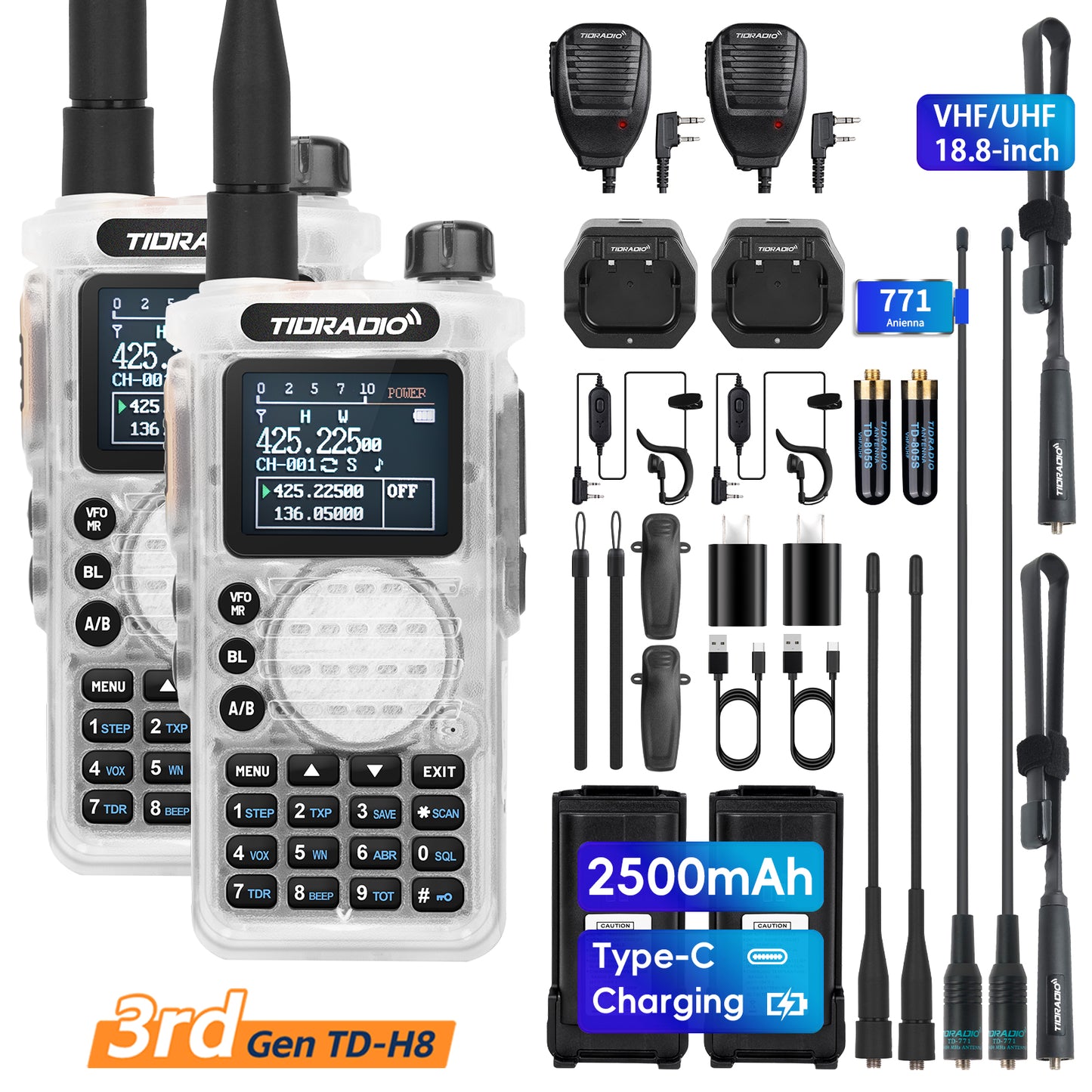 TIDRADIO Gen 3rd TD H8 10w Ham GMRS Unlocked Radio 8-Band uhf vhf Two Way Radio with AirBand,  USB-C Charging,2500mAh Battery, FM AM One Key Frequency Match, DTMF  NOAA VOX SCAN  ,Walkie Talkies