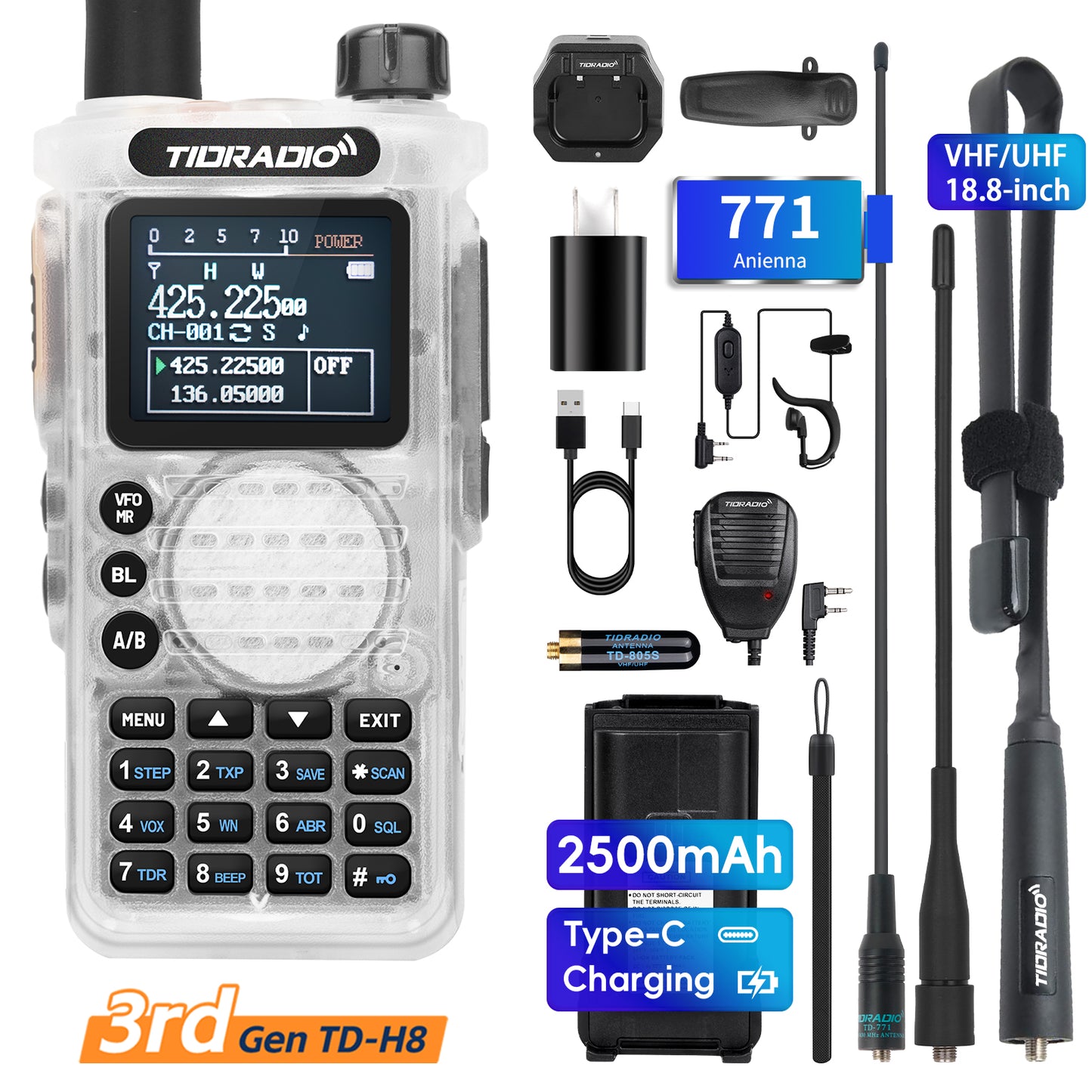 TIDRADIO Gen 3rd TD H8 10w Ham GMRS Unlocked Radio 8-Band uhf vhf Two Way Radio with AirBand,  USB-C Charging,2500mAh Battery, FM AM One Key Frequency Match, DTMF  NOAA VOX SCAN  ,Walkie Talkies