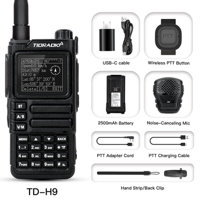 TIDRADIO TD-H9 10W Ham & GMRS Unlocked Handheld Radio —  APRS & GPS Tracker, Spectrum Analyzer, 128MB Large Memory, SMS Texting, Customizable Screen, Global Repeater Compatible, Bluetooth, AM Airband, Programmable, , CPS, CHRIP, Odmaster