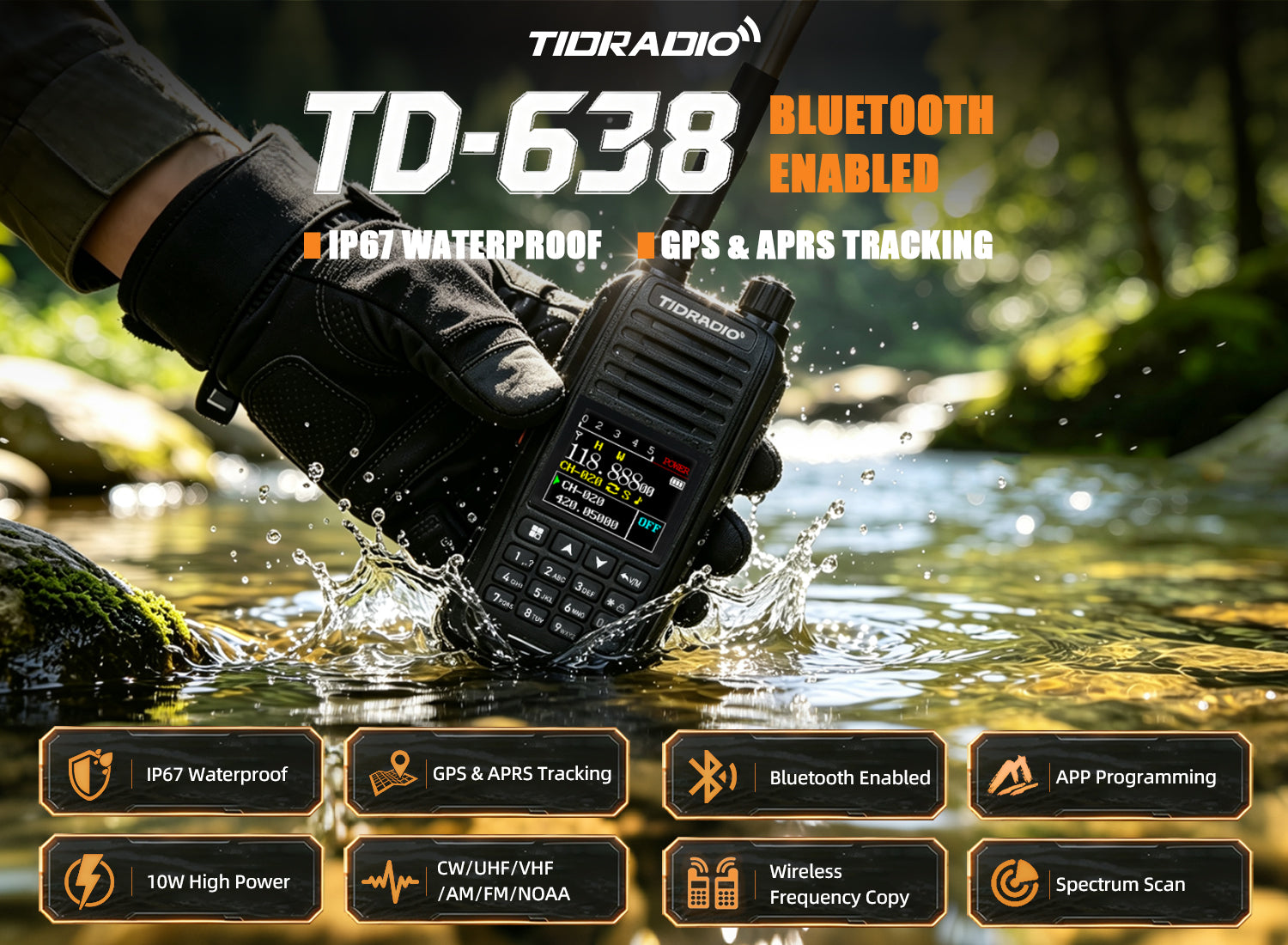 TIDRADIO TD-638 10W IP67 Waterproof Long Range Ham Radio GPS APRS Bluetooth APP Programming UHF VHF GMRS Walkie Talkie