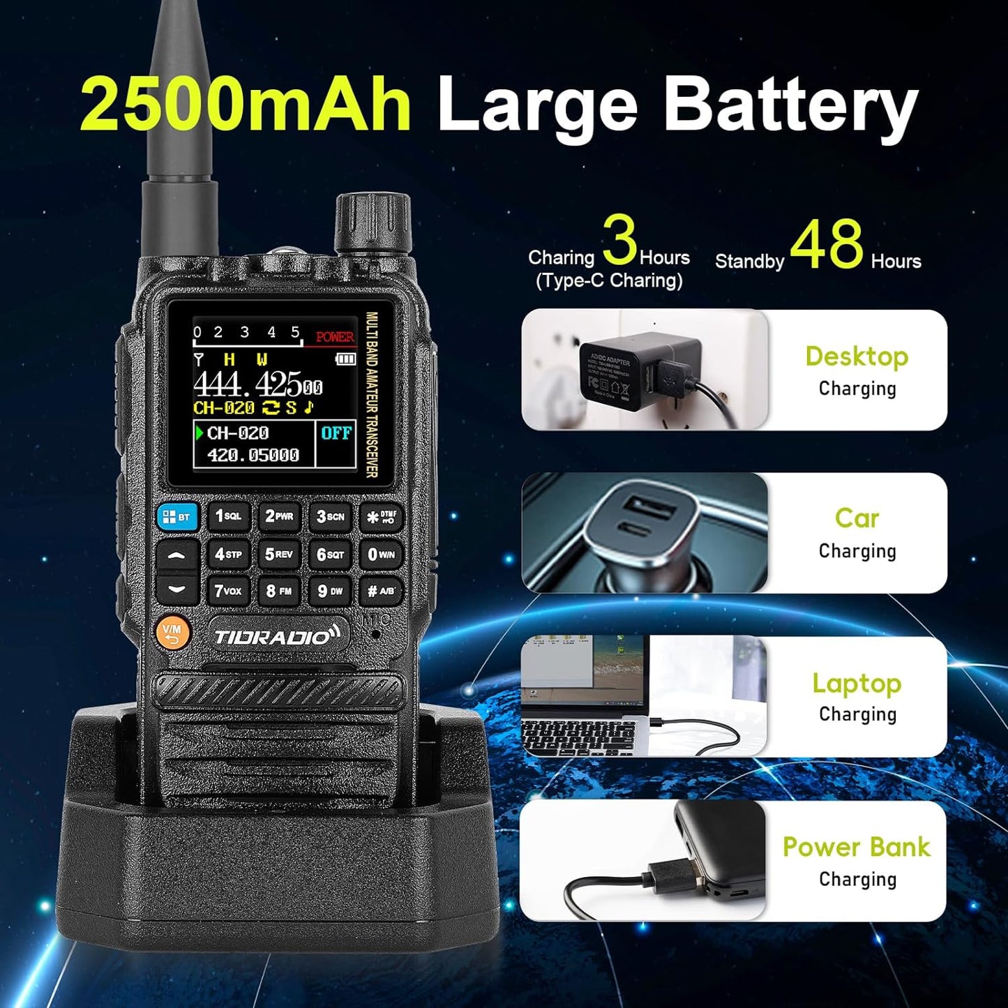 TIDRADIO TD-H3 Ham Radio Type C & Wireless Programming 8-Bands Long Range Walkie Talkies Rechargeable Handheld Portable Two Way Radios Air Band, Frequency Match, DTMF Lock, NOAA FM AM- Full Kit 2Pack