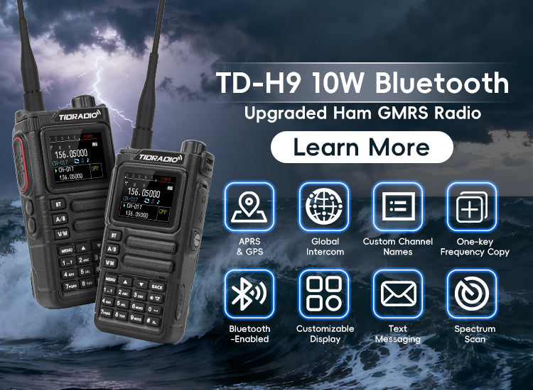 TIDRADIO TD-H9 10W Ham & GMRS Radio with APRS GPS Bluetooth Airband Spectrum Analyzer Long Range Walkie Talkie 128MB Memory Text Messaging Custom Display Repeater Compatible Upgradable Firmware