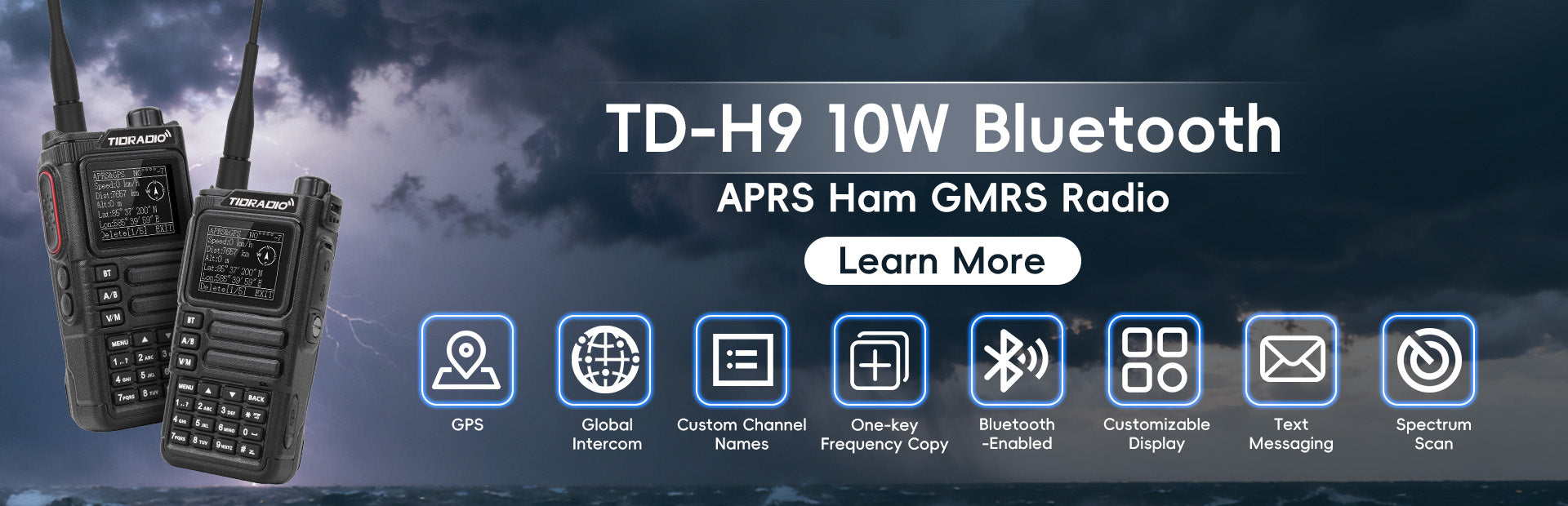 TIDRADIO TD-H9 10W Ham & GMRS Radio with APRS GPS Bluetooth Airband Spectrum Analyzer Long Range Walkie Talkie 128MB Memory Text Messaging Custom Display Repeater Compatible Upgradable Firmware