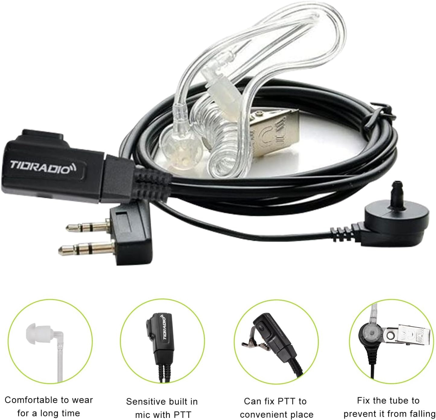 TIDRADIO Walkie Talkie Earpiece with Mic (Includes Earmolds and Ear Buds) 2 Pin Acoustic Tube Headset TD-M8s TD-V2 Retevis H-777 RT21 RT22 RT68 Baofeng UV-5R BF-888S 2 Way Radio